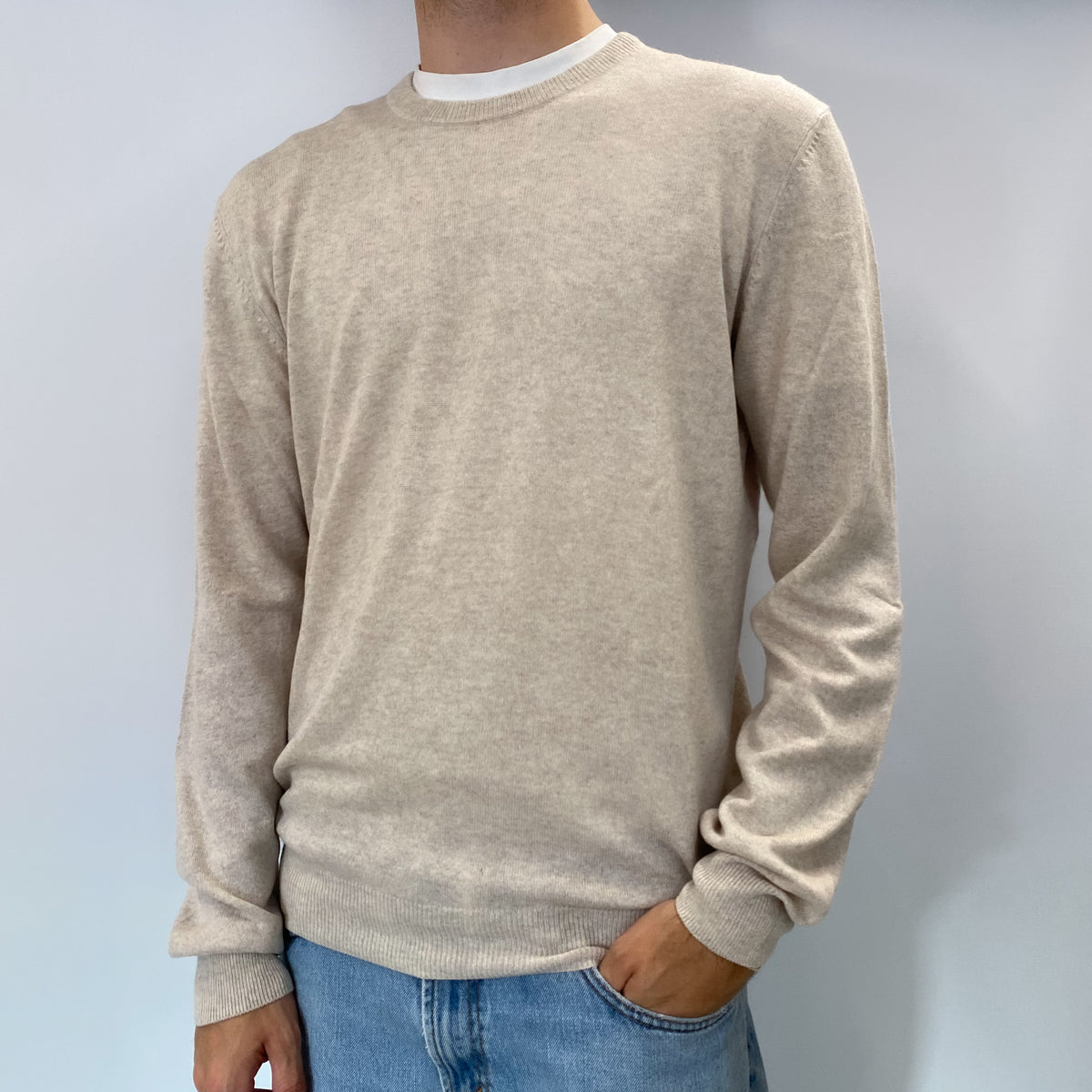 Men's Ivory Grey Cashmere Crew Neck Jumper Large