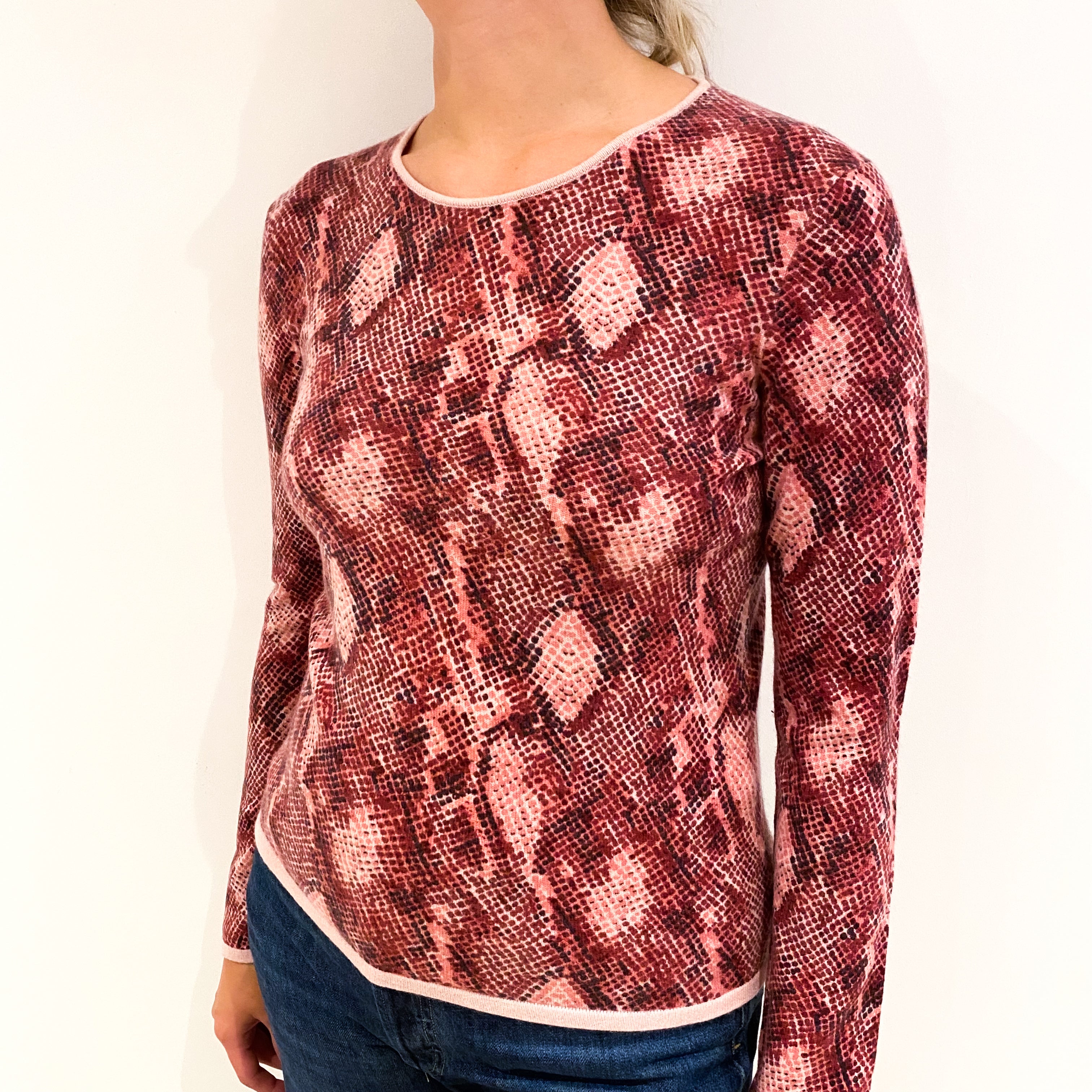 Pink and Red Snake Print Cashmere Crew Neck Jumper Small