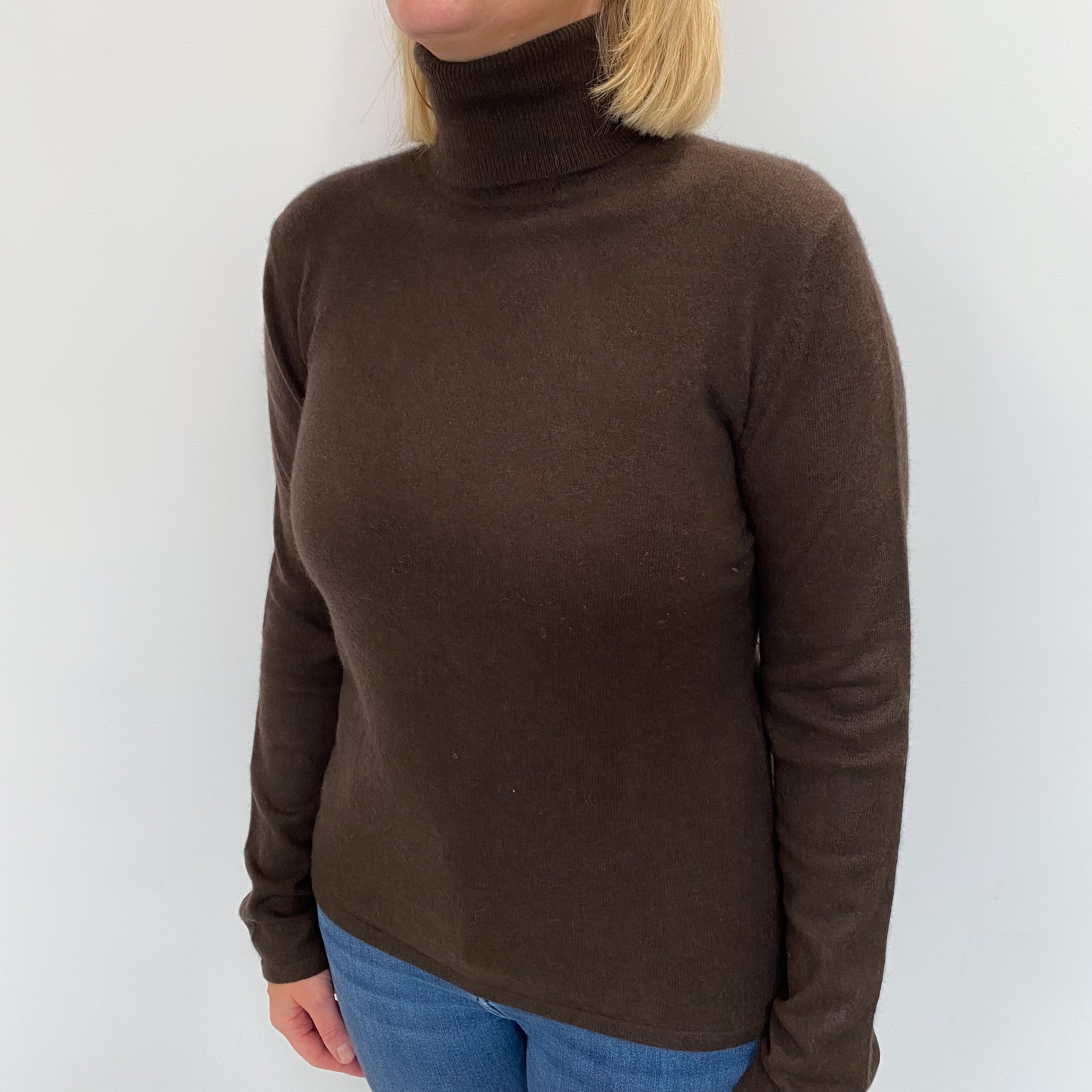 Deep Chocolate Brown Cashmere Polo Neck Jumper Large