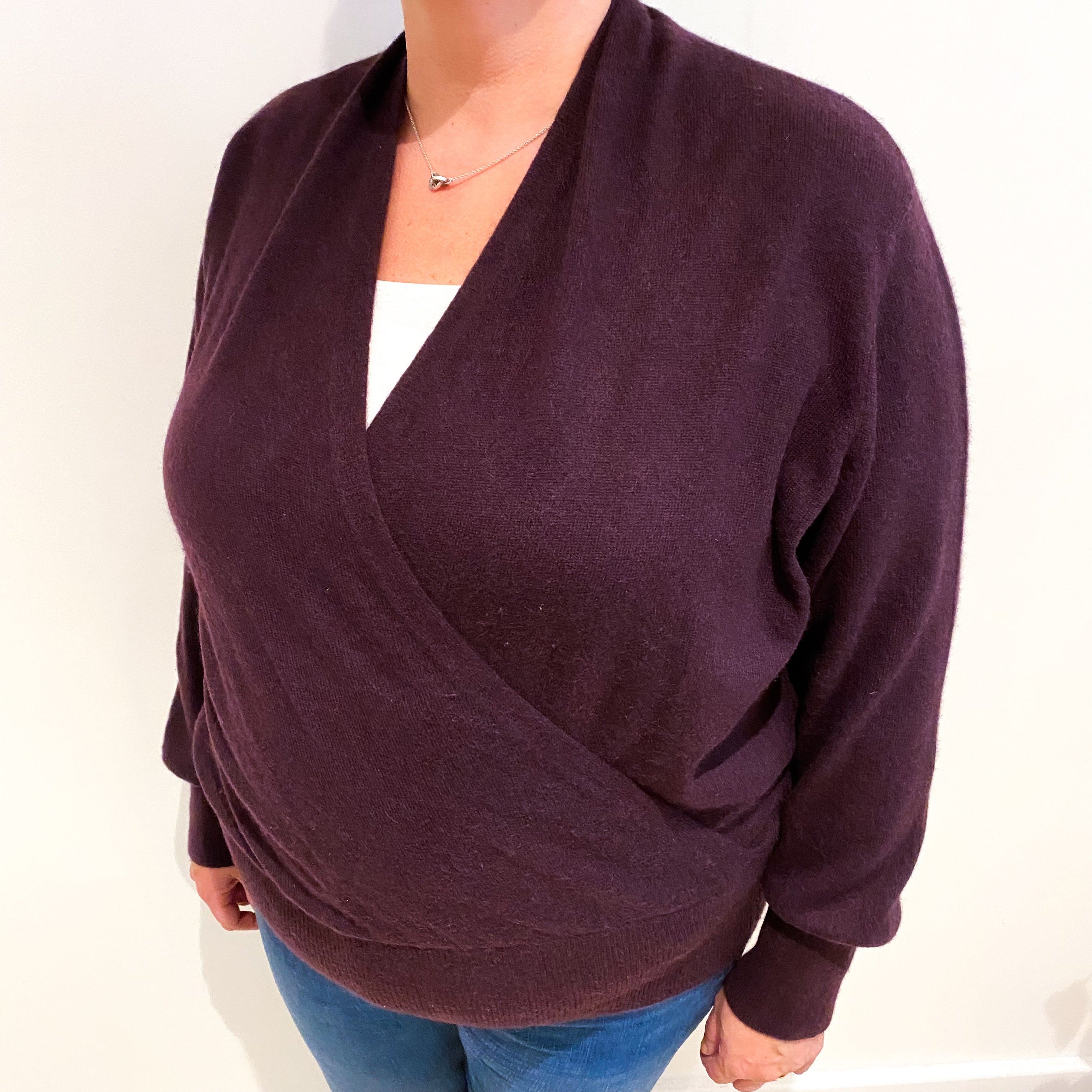 Aubergine Purple Cashmere Cross Over V Neck Jumper Extra Large