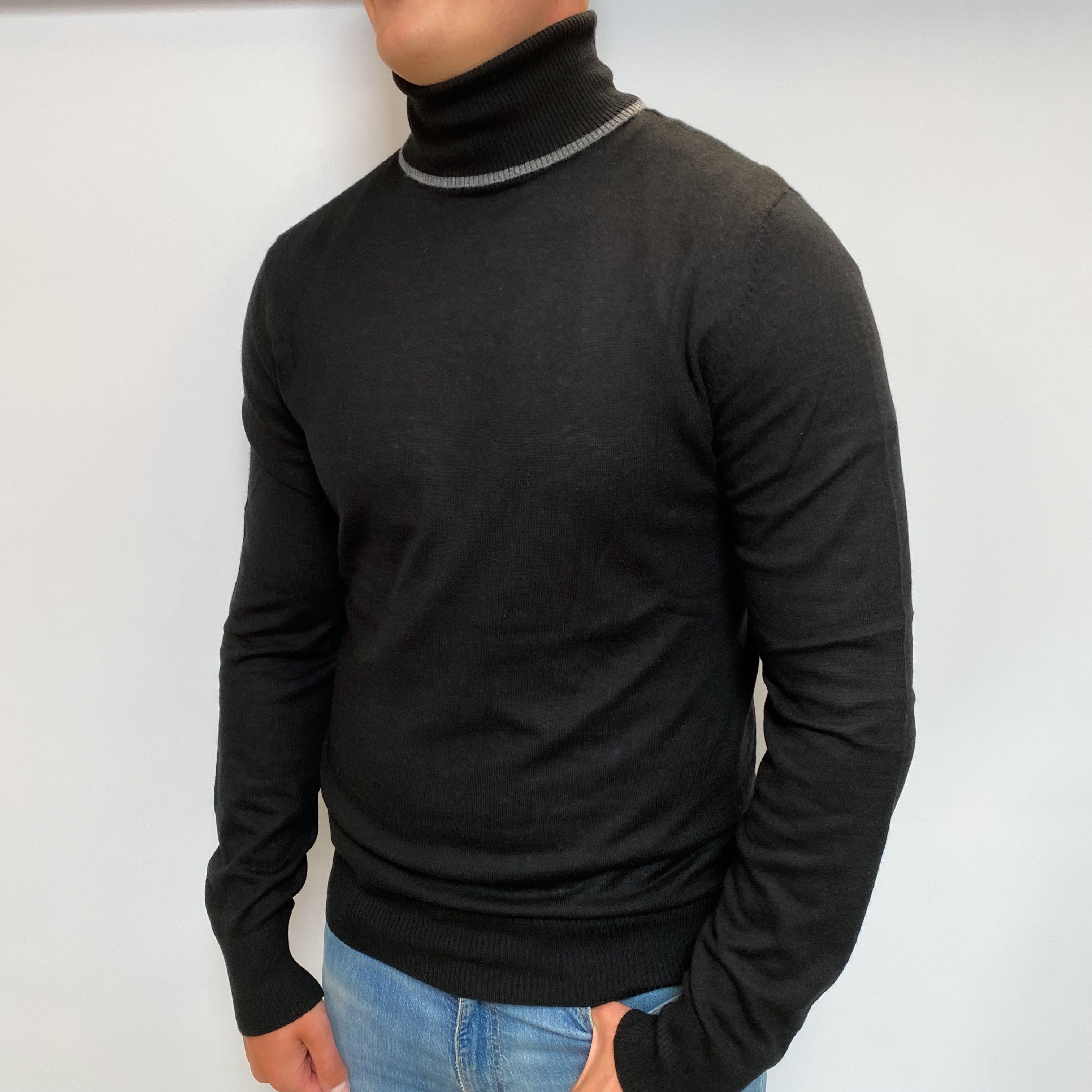 Men's Black Cashmere Polo Neck Jumper XL
