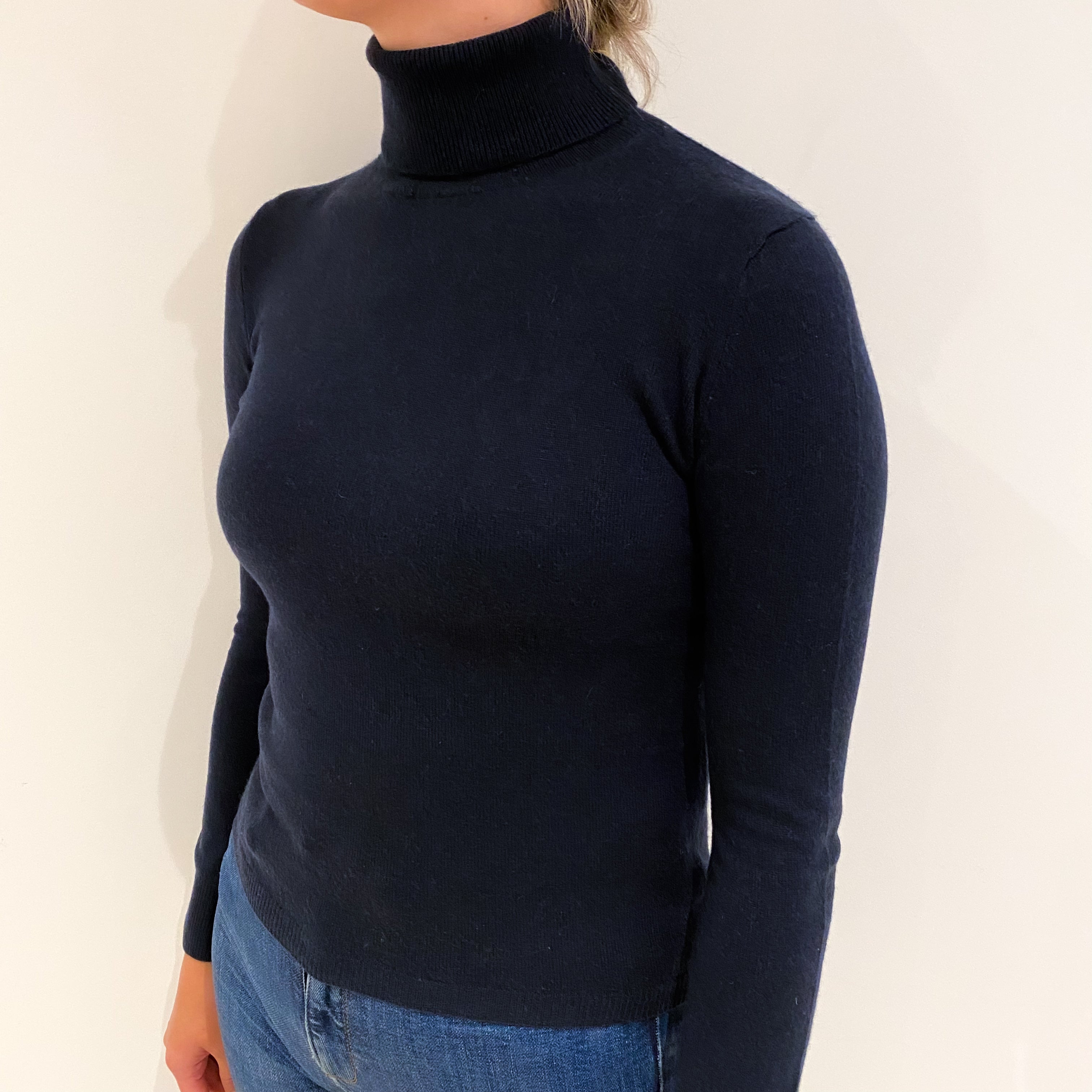 Dark Navy Blue Cashmere Polo Neck Jumper Small