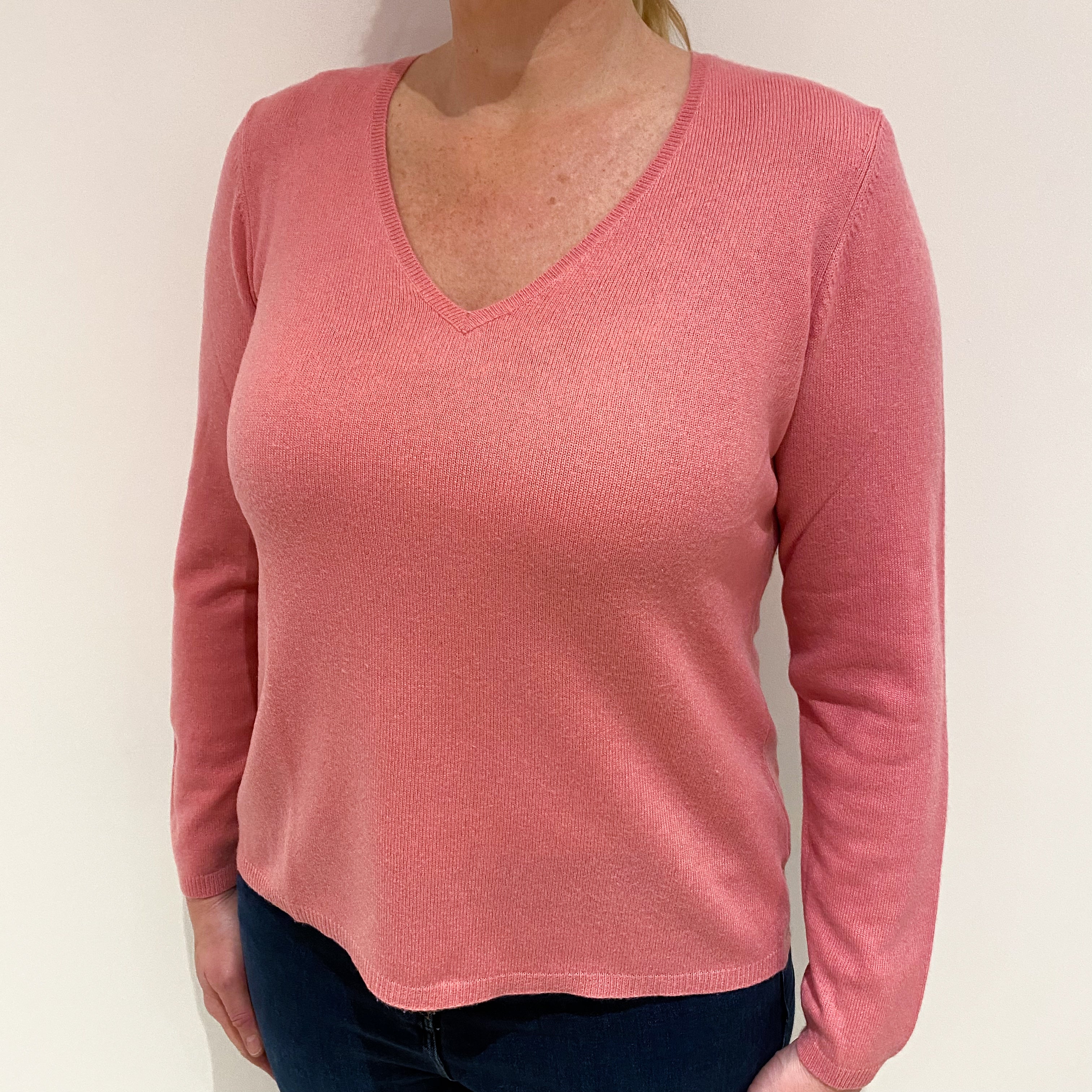 Pale Rose Pink Cashmere V-Neck Jumper Large