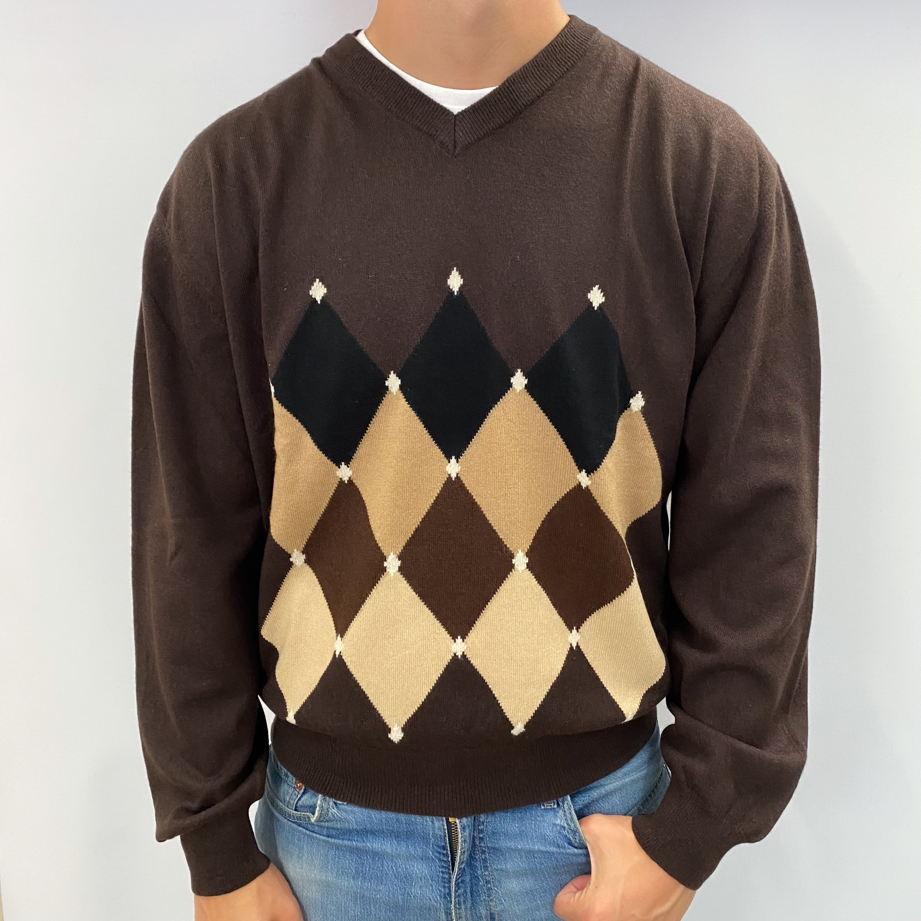 Men's Peppercorn Brown Patterned Cashmere V Neck Jumper XL