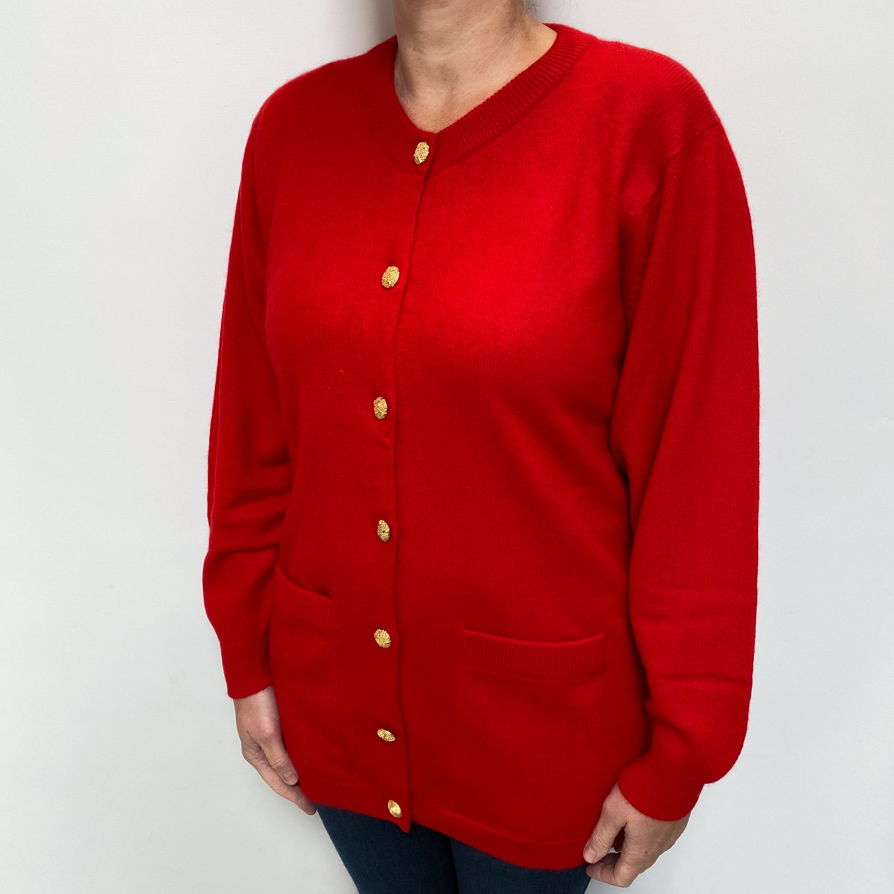 Scottish Scarlet Red Cashmere Crew Neck Cardigan with Pockets Large
