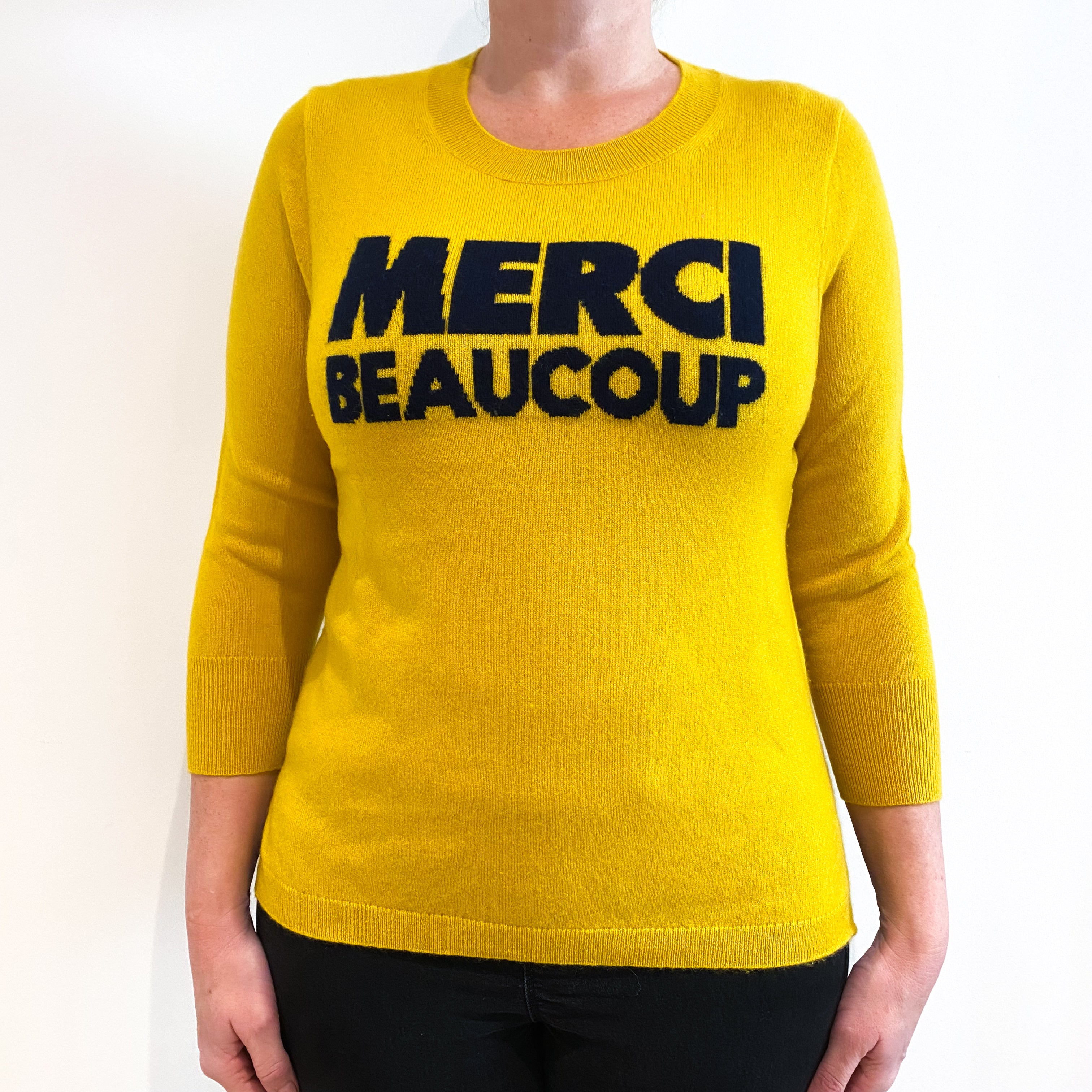 Sunflower Yellow and Navy Slogan Cashmere Crew Neck Jumper Large