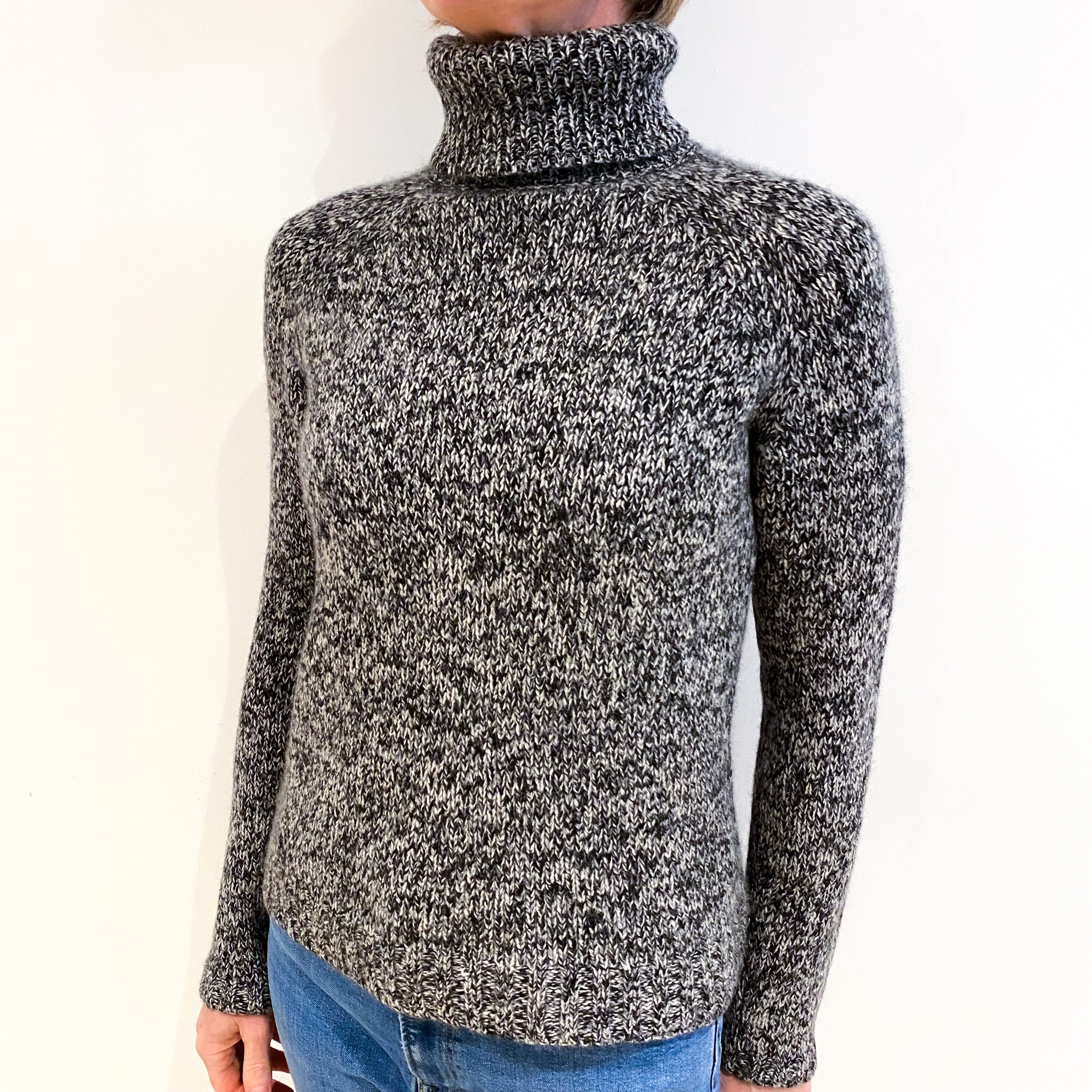 Black And Grey Marl Cashmere Polo Neck Jumper Small