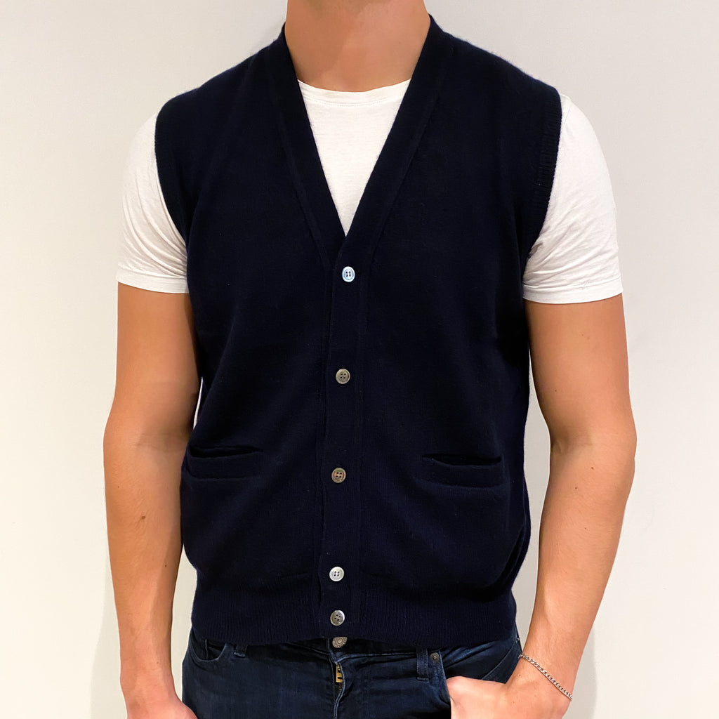 Men's Dark Navy Blue Cashmere V-Neck Waist Coat Extra Large