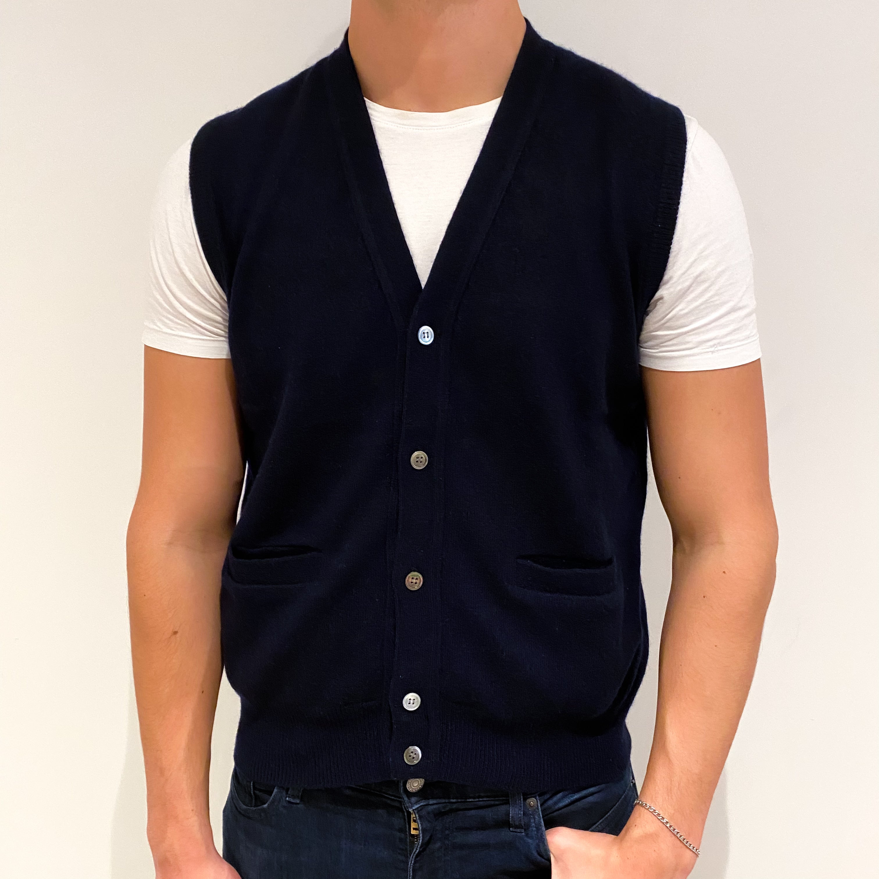 Men's Dark Navy Blue Cashmere V-Neck Waist Coat Extra Large