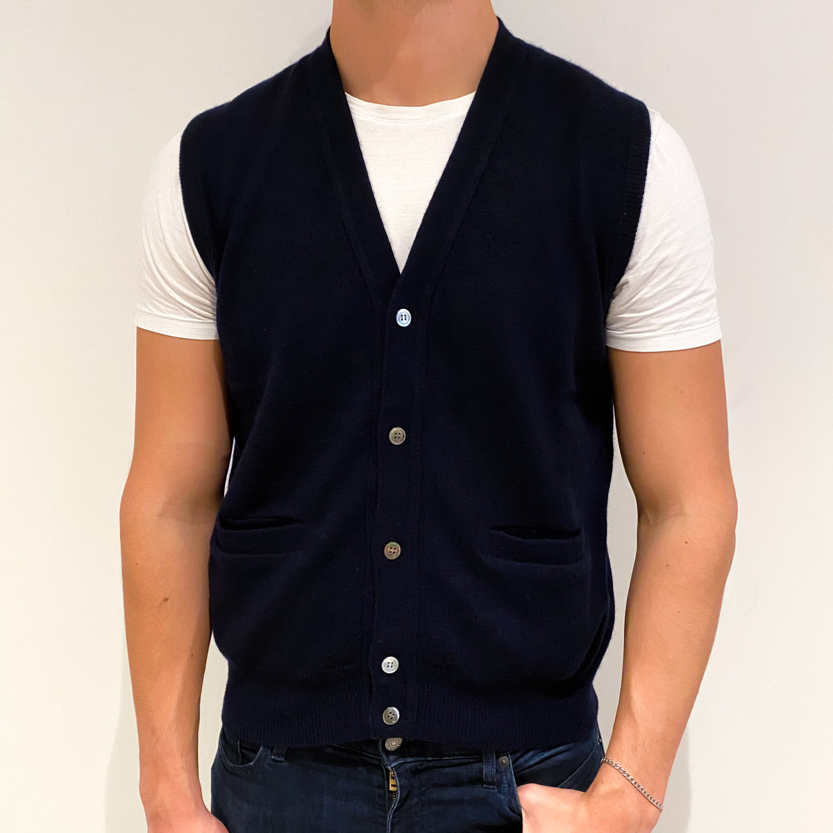 Men's Dark Navy Blue Cashmere V-Neck Waist Coat Extra Large