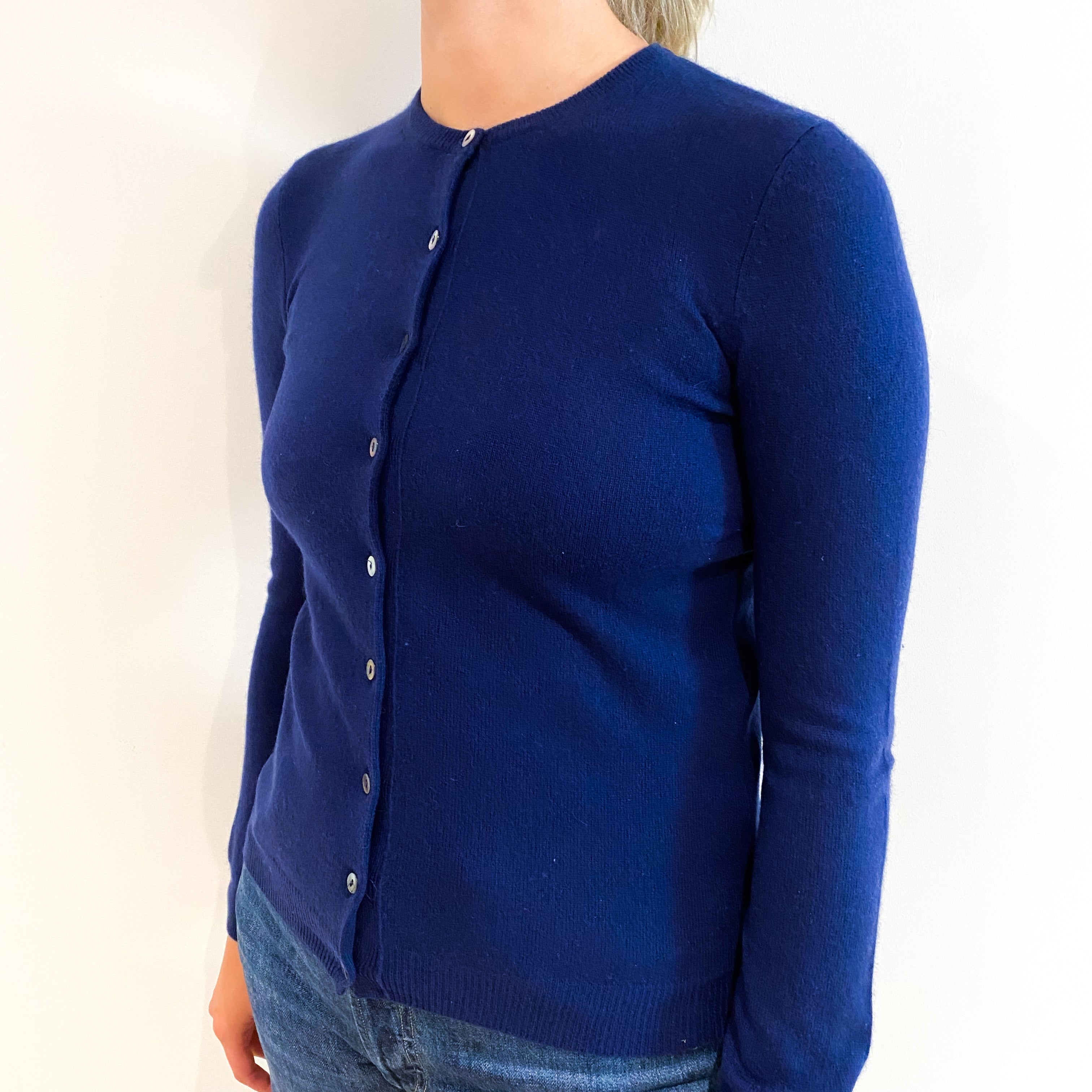 French Navy Blue Cashmere Crew Neck Cardigan Small