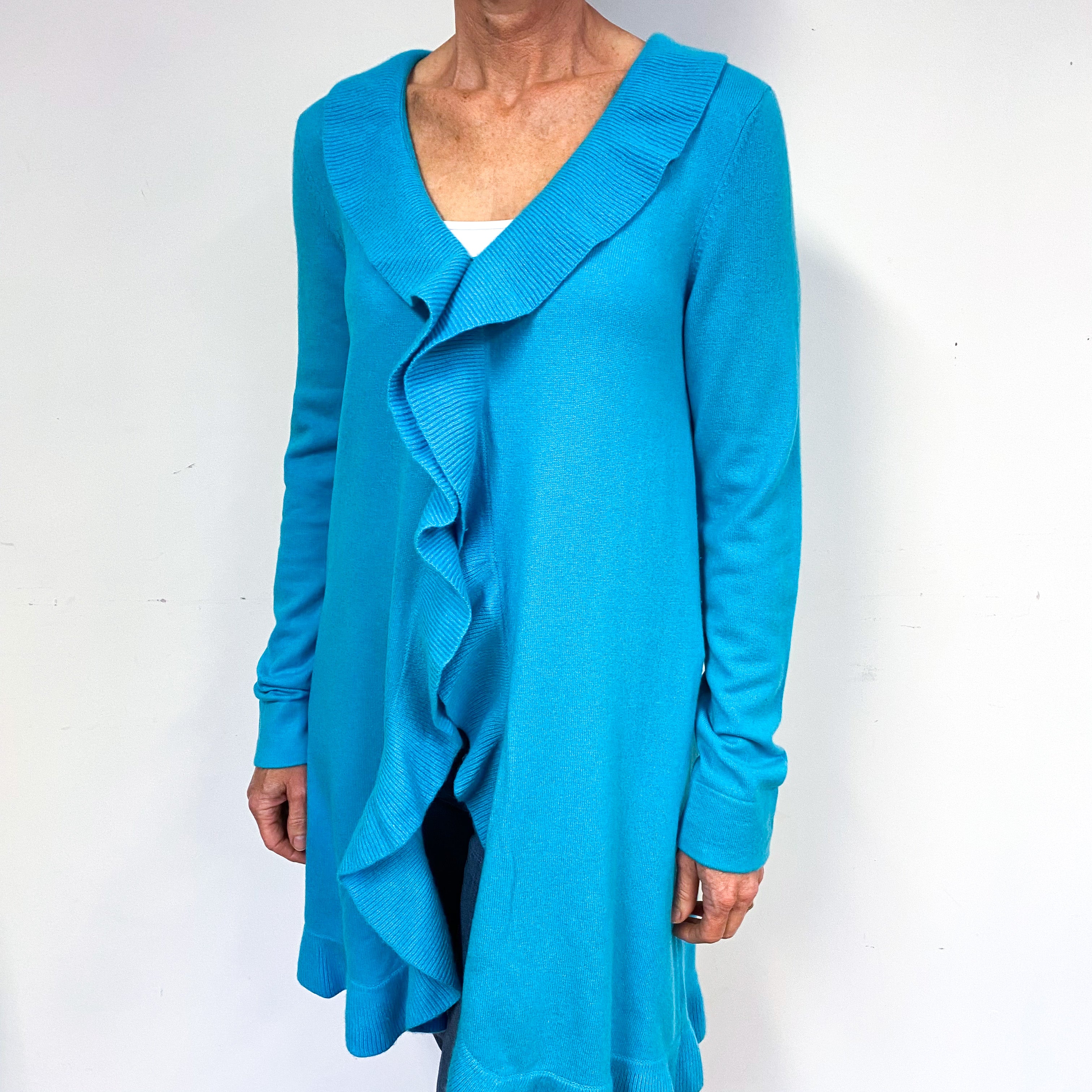 Turquoise Green Cashmere Ruffle Trim Cardigan Medium
