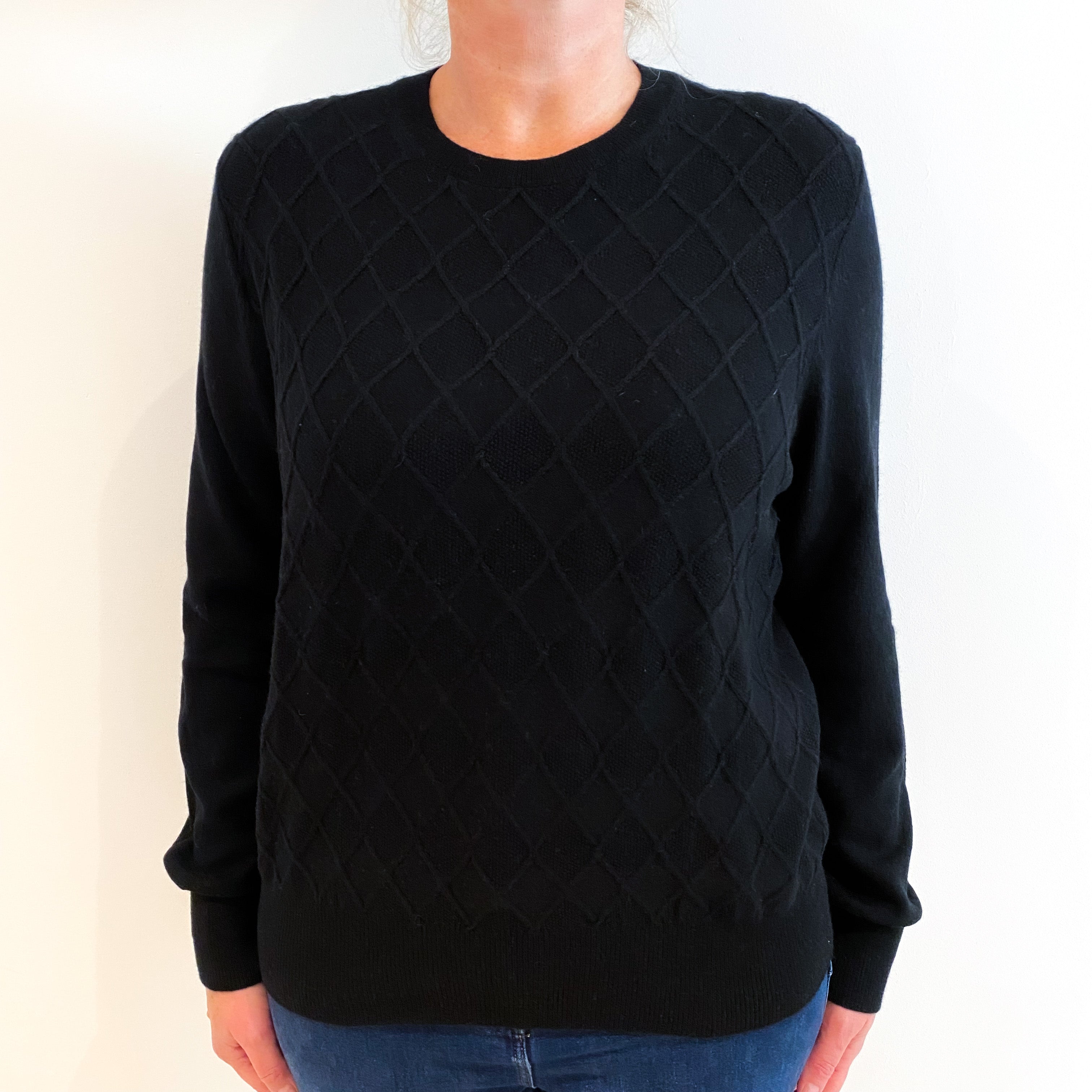 Black Diamond Knit Front Cashmere Crew Neck Jumper Large
