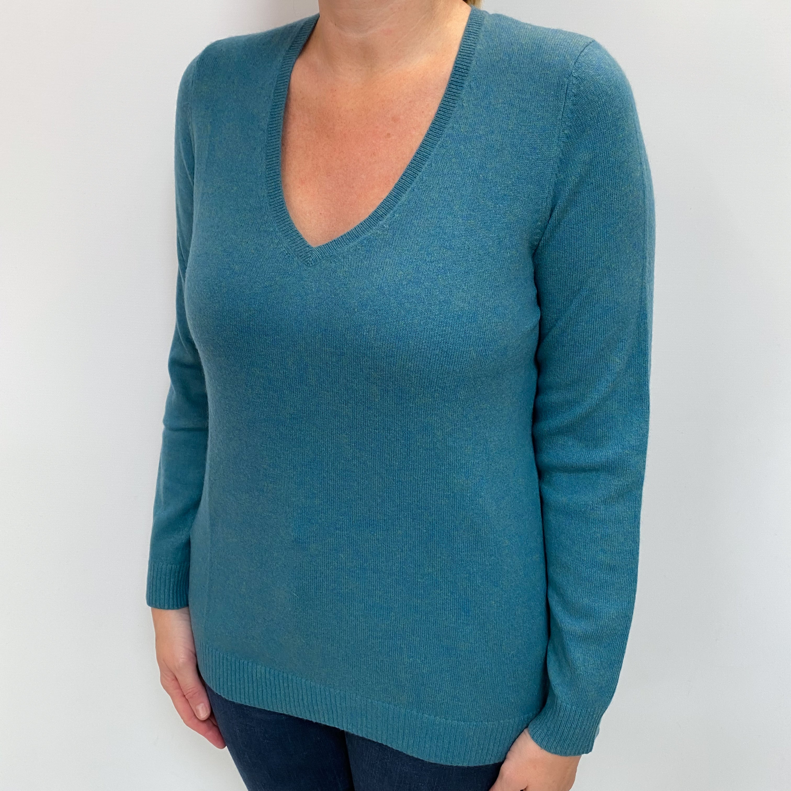 Sea Green Cashmere V Neck Jumper Large