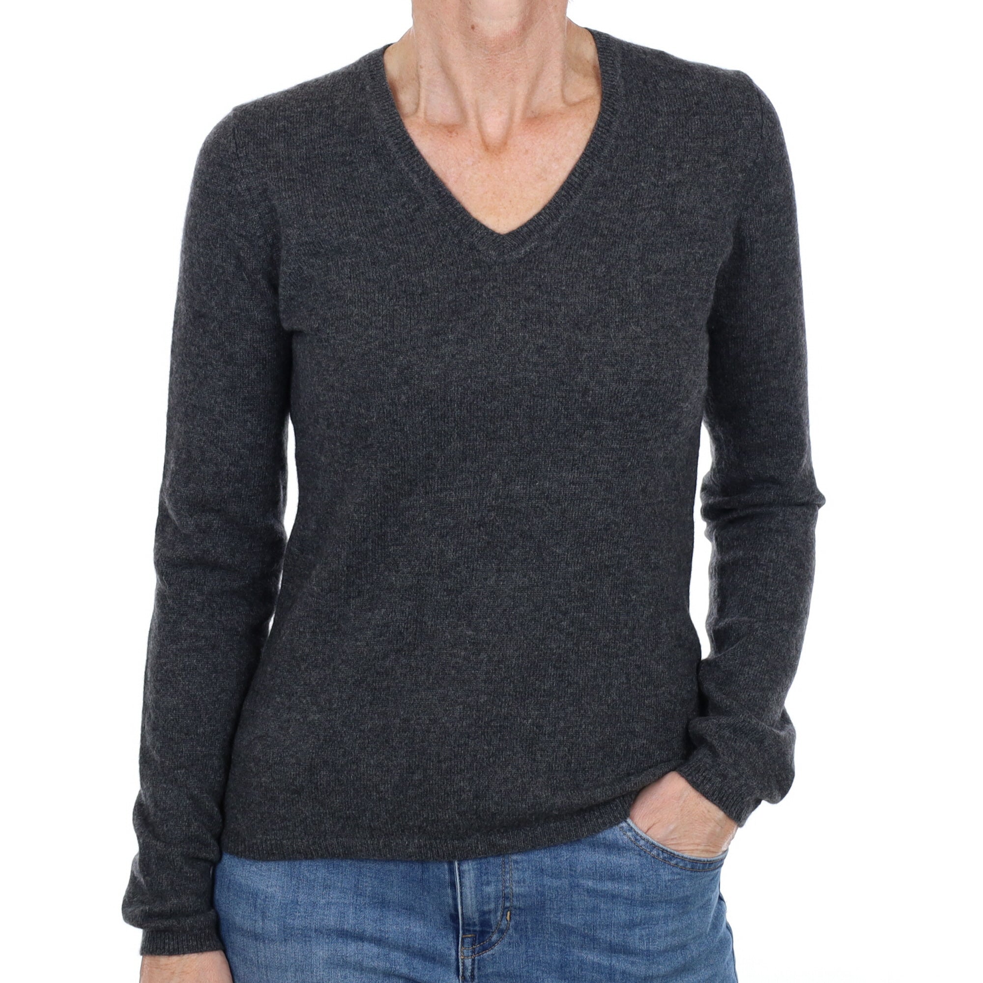 Charcoal Grey Cashmere V Neck Jumper Small