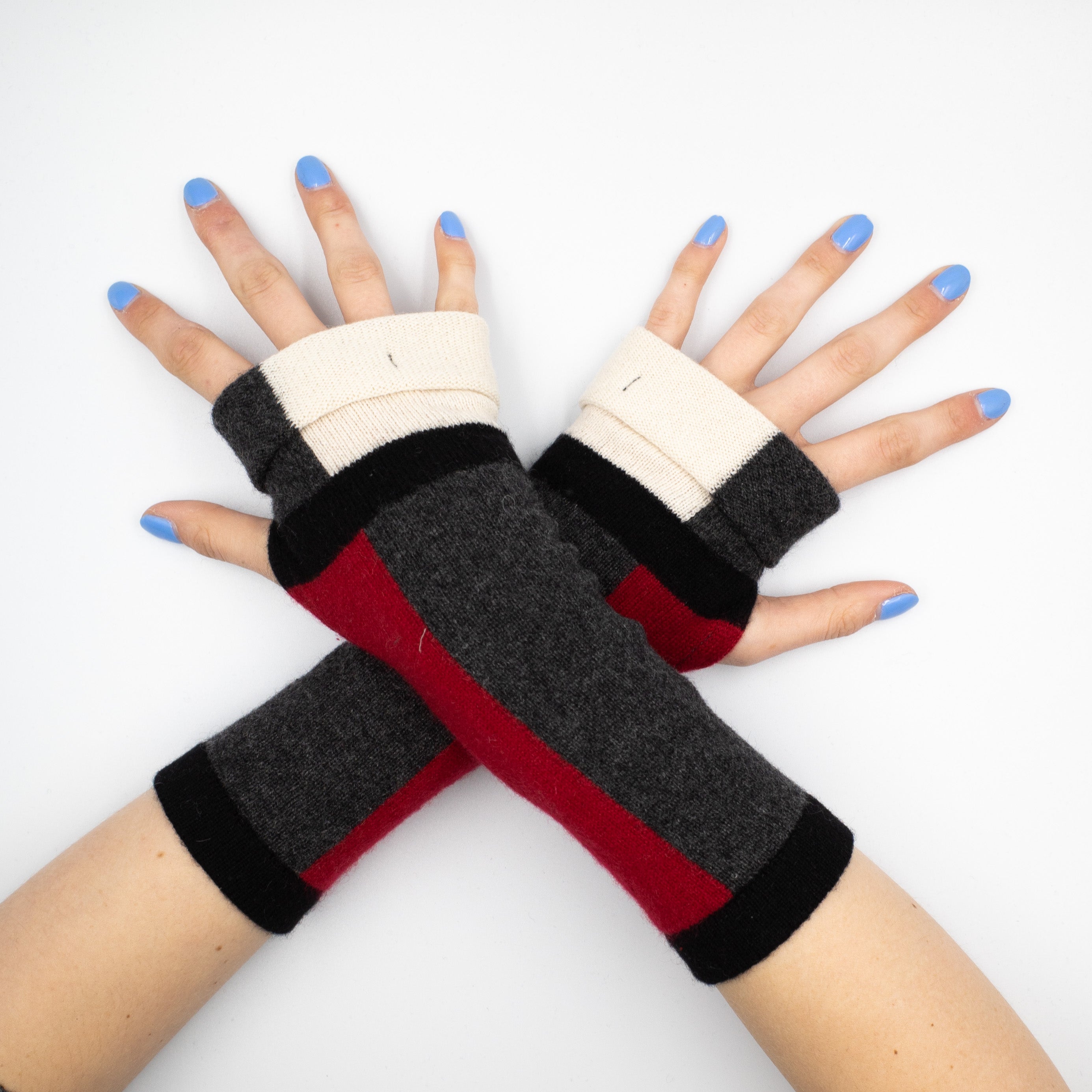 Grey and Red Colour Block Fingerless Gloves