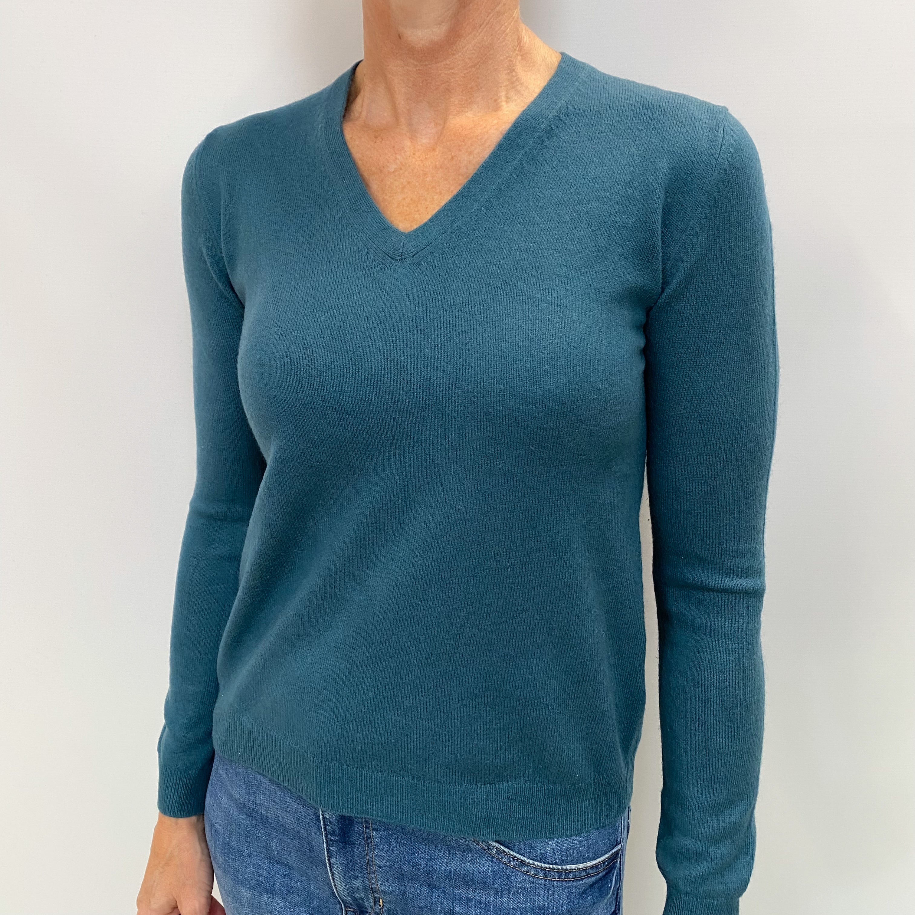 Dusky Petrol Blue Cashmere V Neck Jumper Small