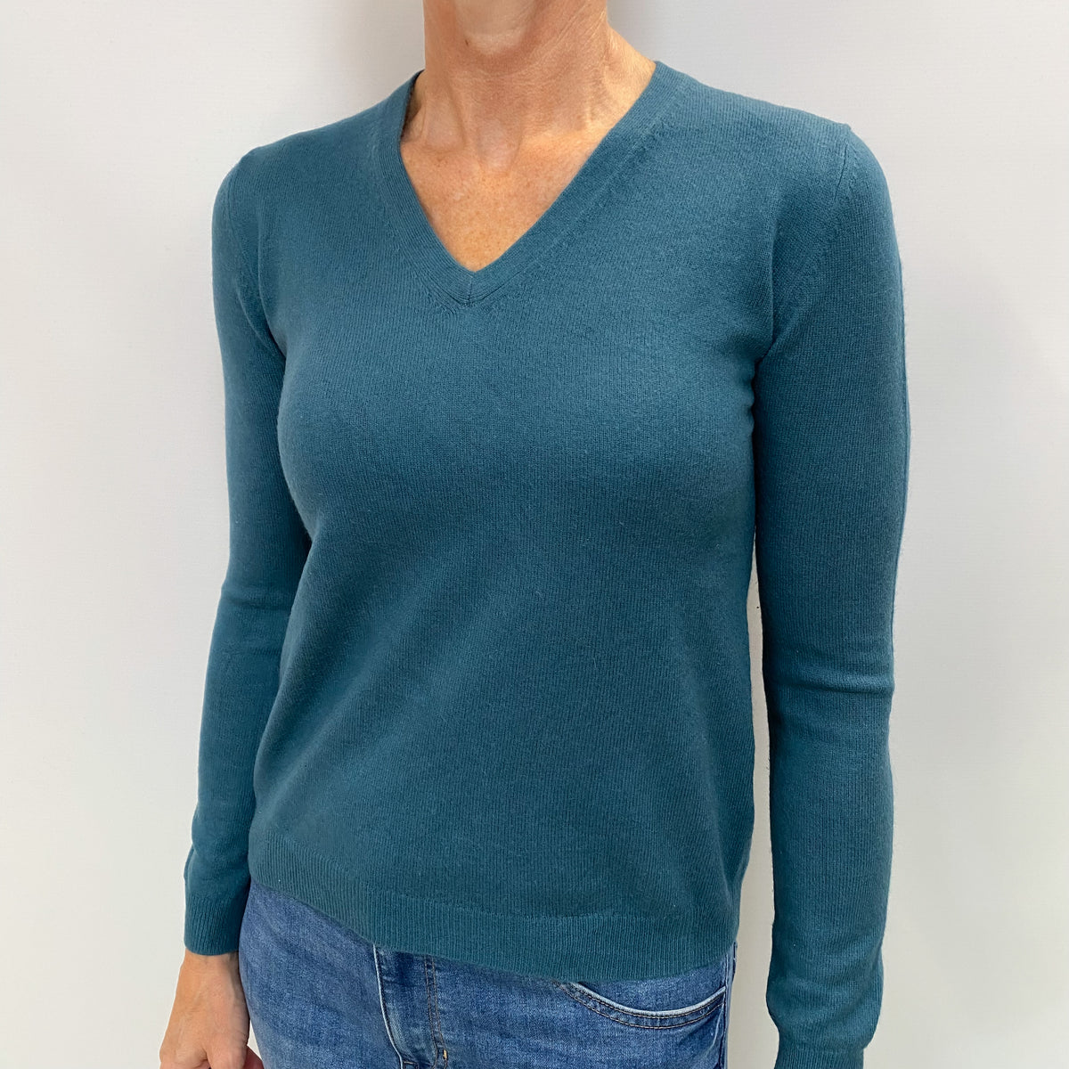 Dusky Petrol Blue Cashmere V Neck Jumper Small