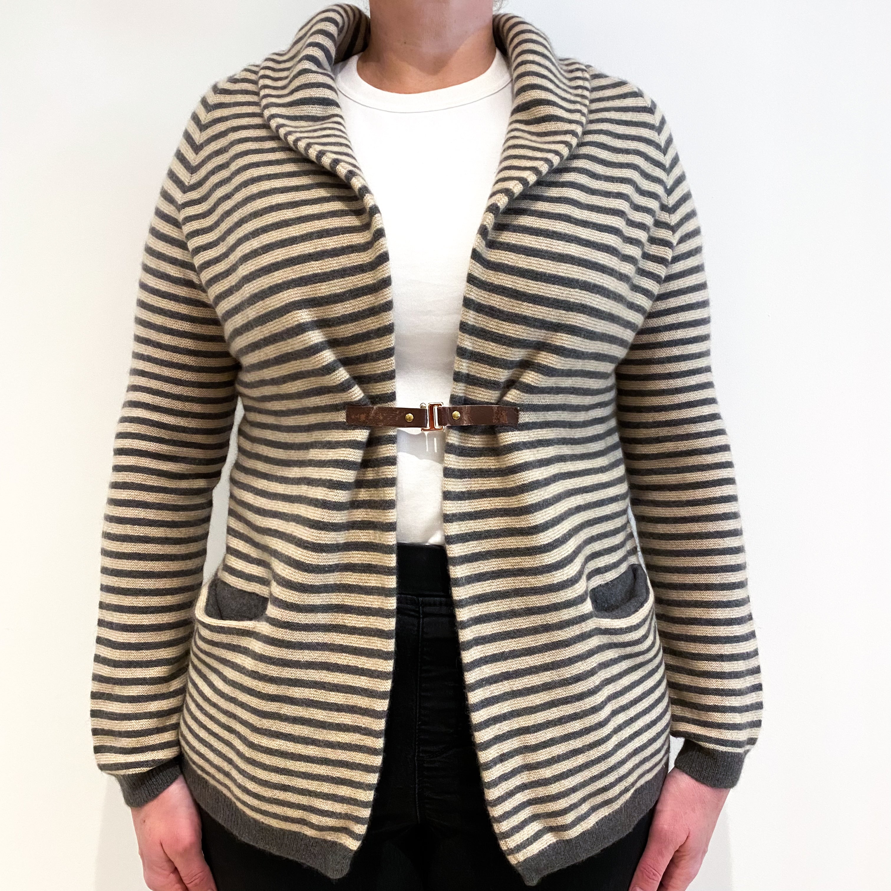 Beige Grey Stripe Cashmere Shawl Collar Cardigan Large