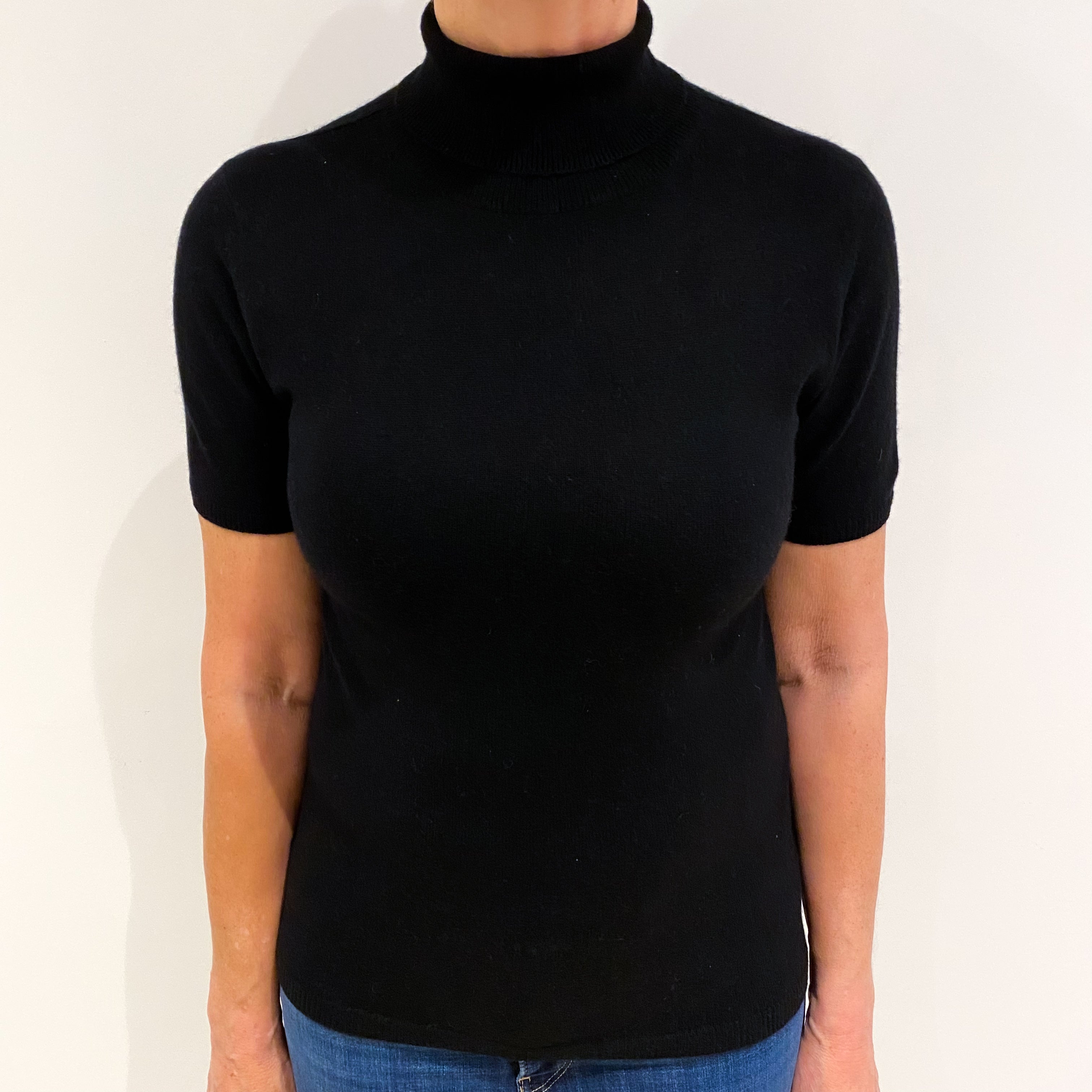 Black Cashmere Polo Neck Short Sleeved Jumper Medium