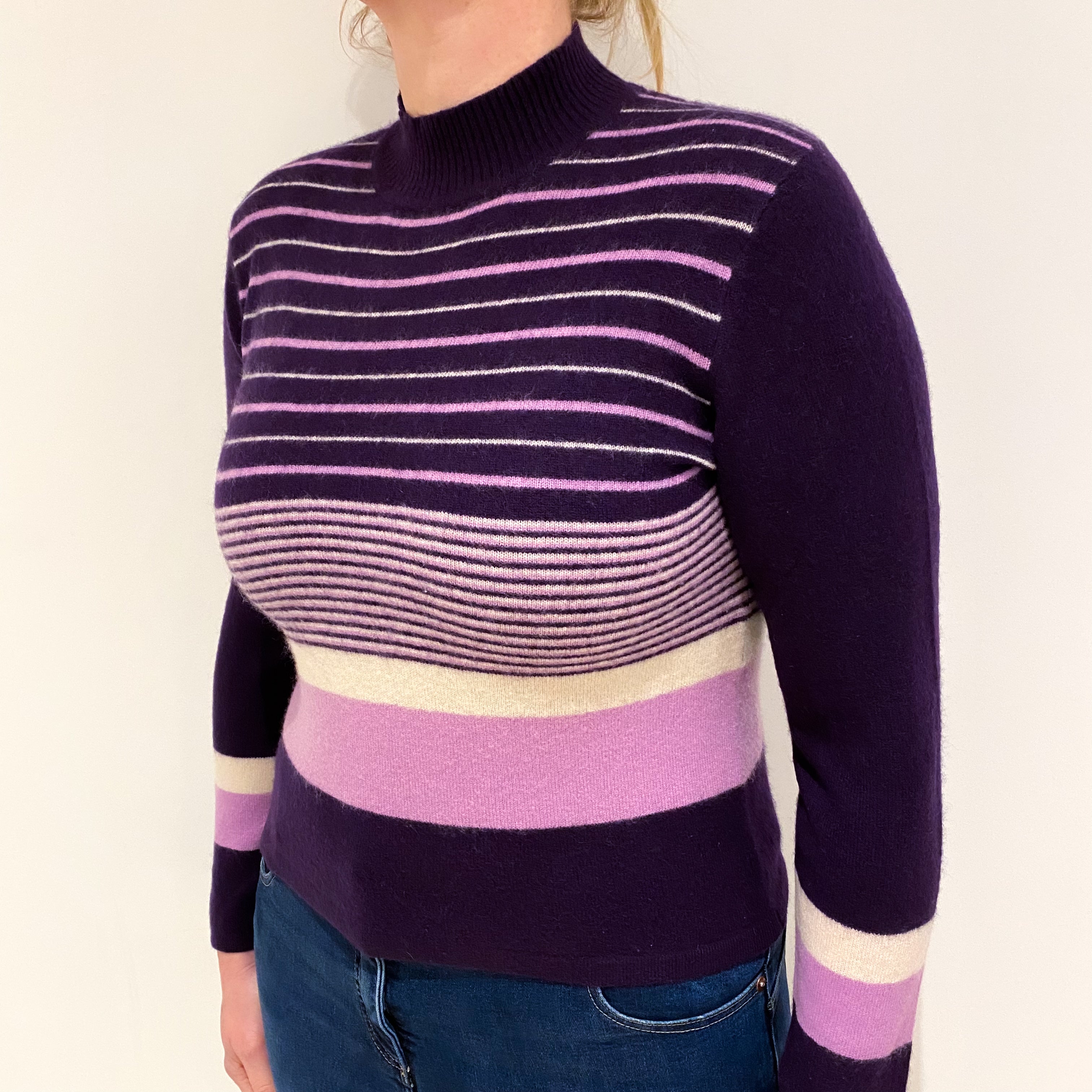 Purple Stripe Cashmere Turtle Neck Jumper Large