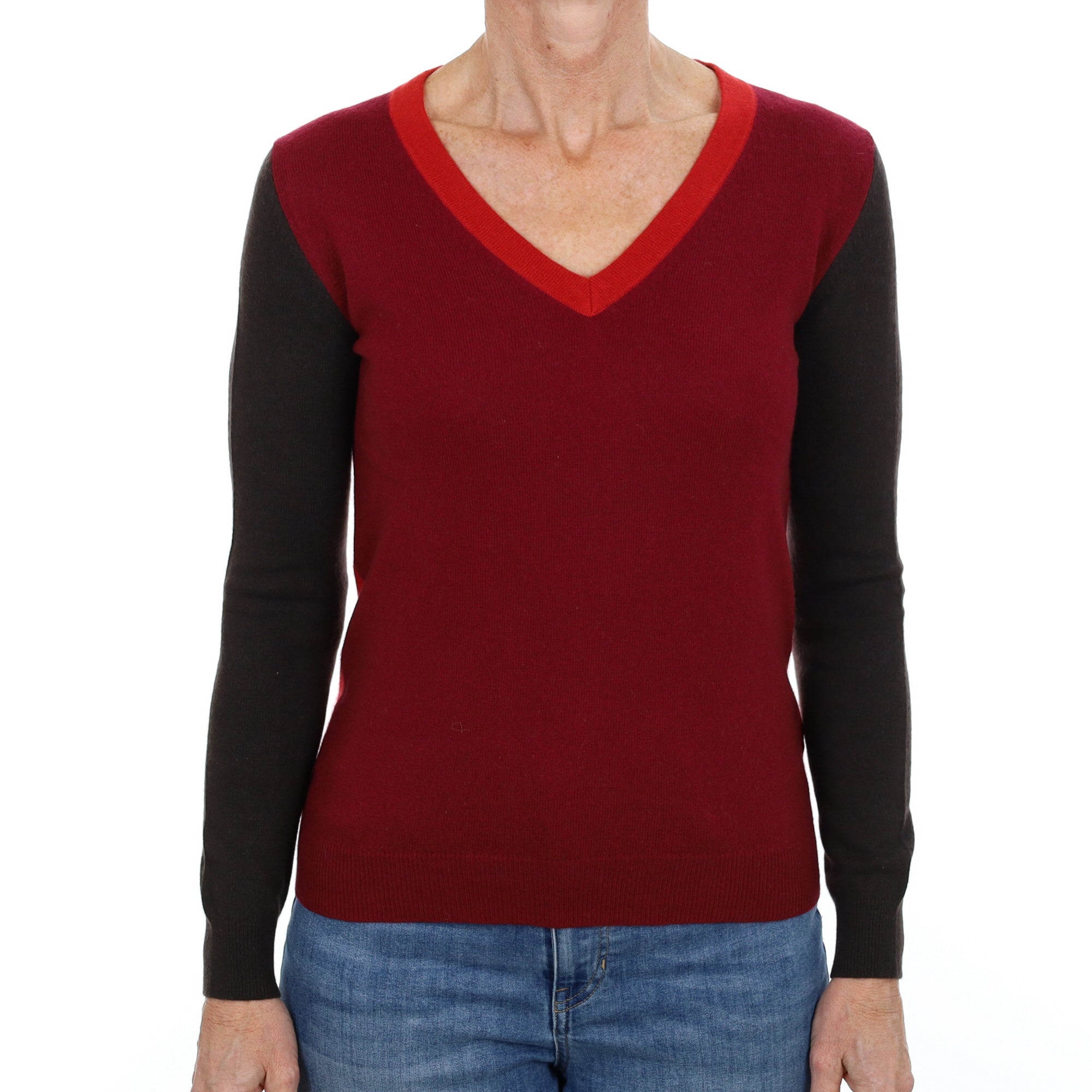 Burgundy Red Colour Block Cashmere V Neck Jumper Small