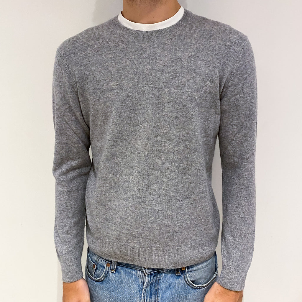 Men's Silver Grey Cashmere Crew Neck Jumper Large