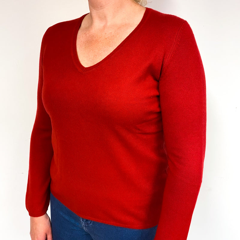 Post Box Red Cashmere V-Neck Jumper Large