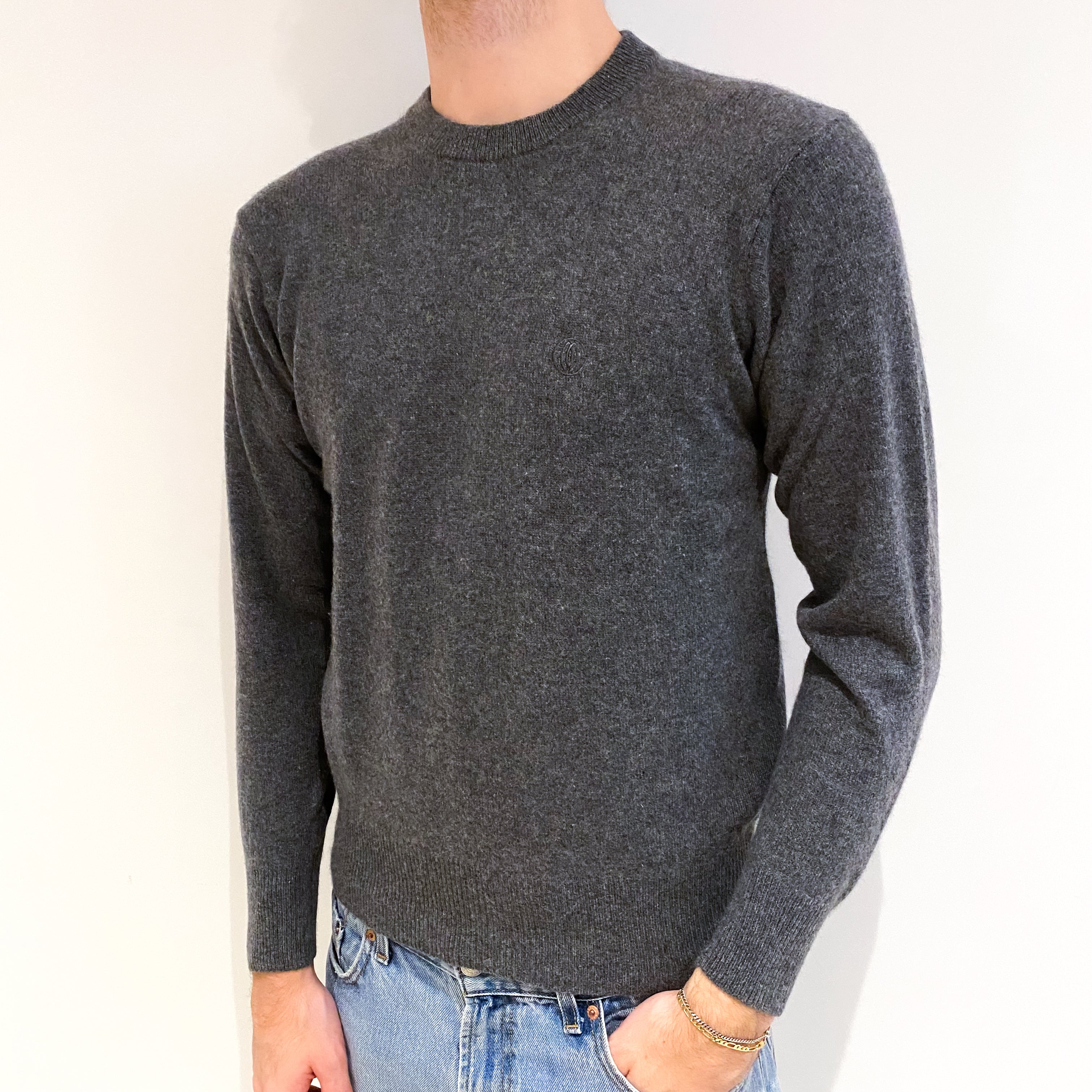 Men's Charcoal Grey Cashmere V Neck Jumper Medium