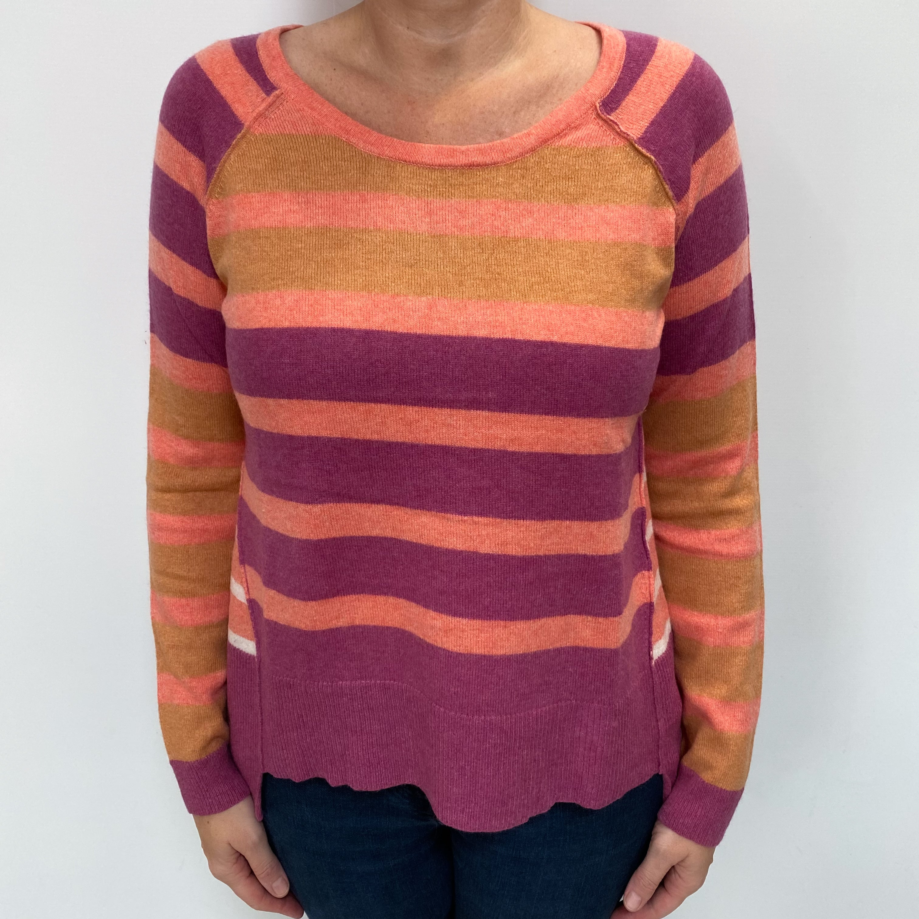 Coral and Magenta Stripe Cashmere Crew Neck Jumper Large