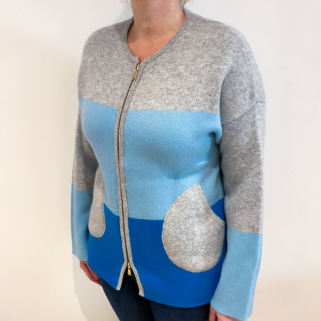 Blue and Grey Chunky Colour Block Cashmere Zip Up Cardigan Large