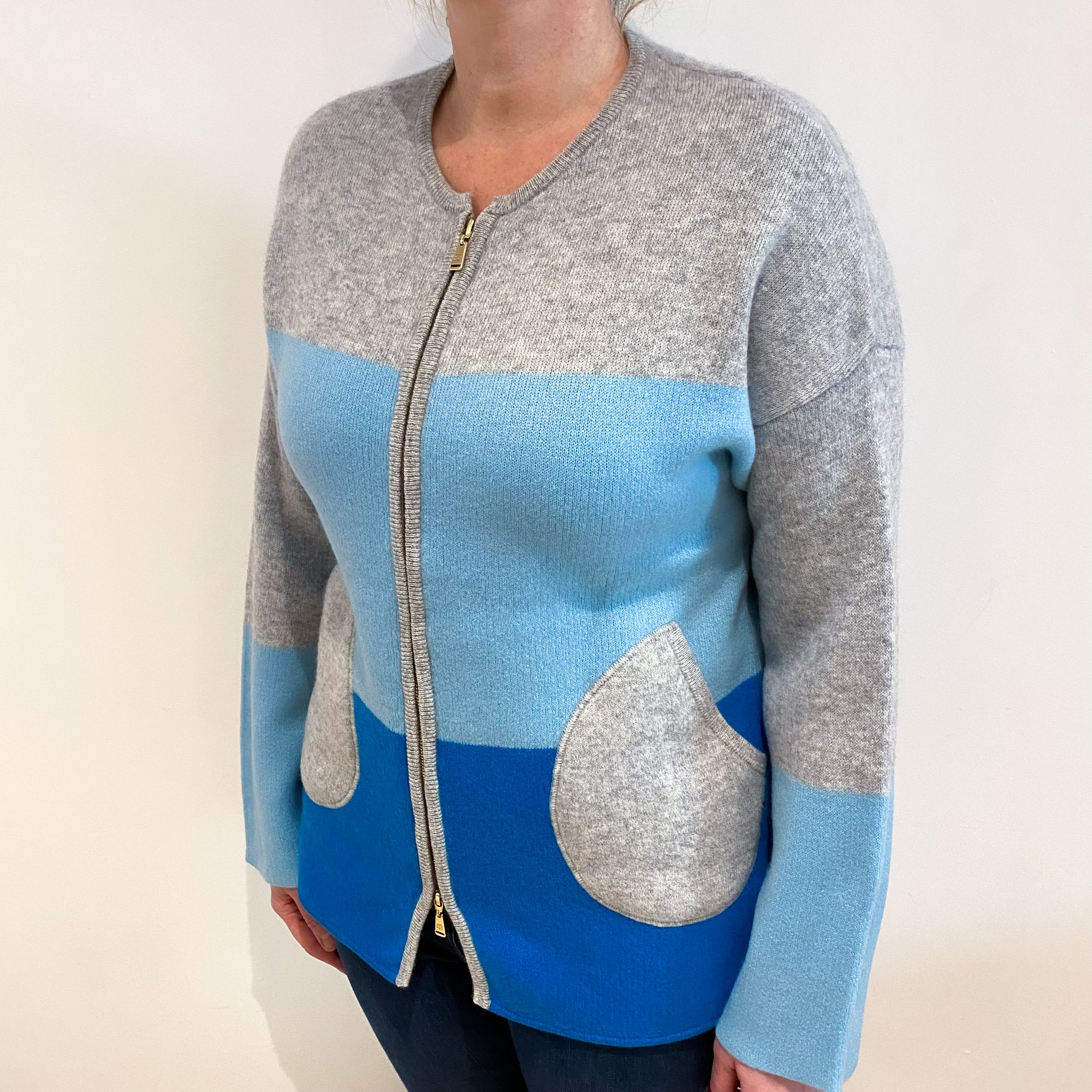 Blue and Grey Chunky Colour Block Cashmere Zip Up Cardigan Large