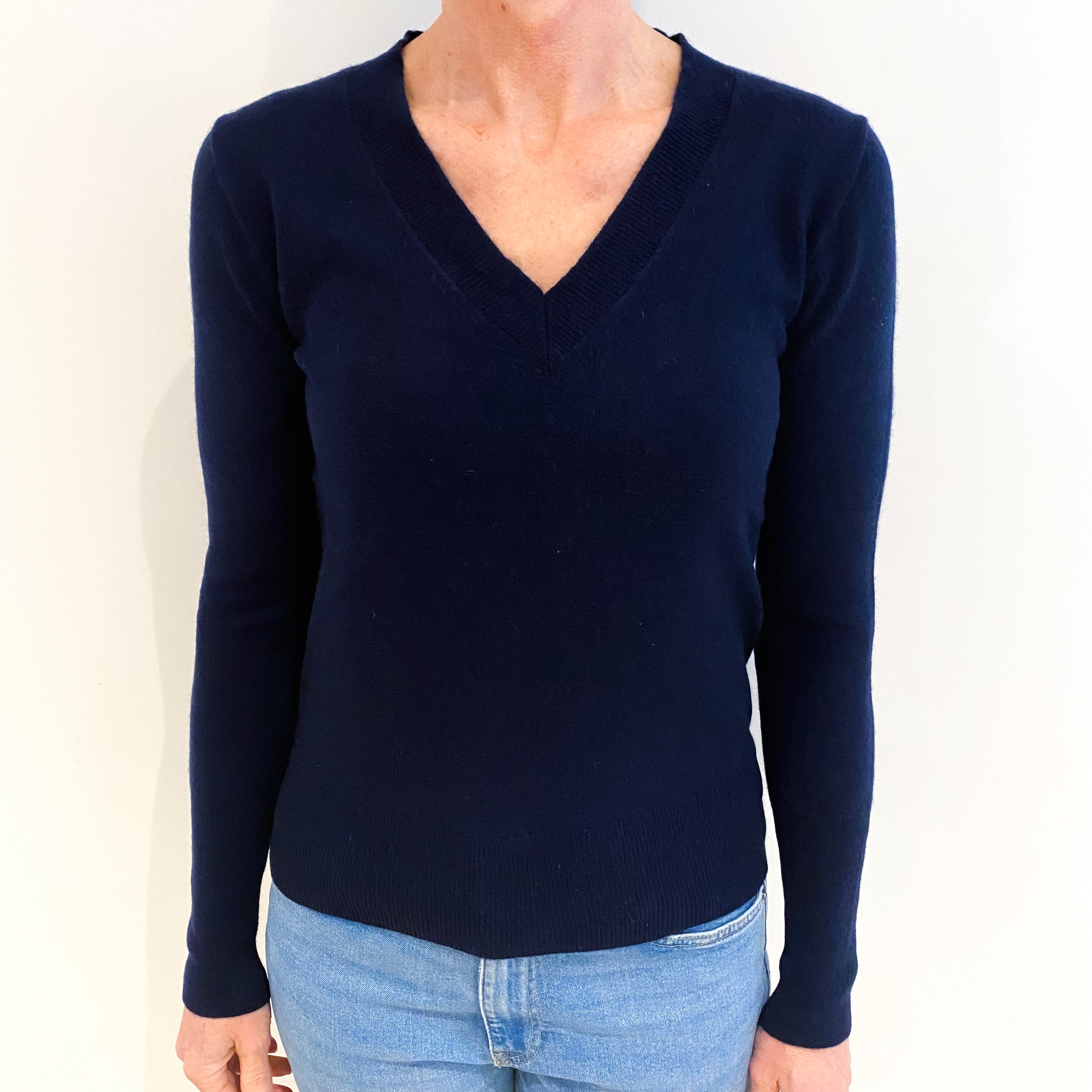 Navy Blue Cashmere V Neck Jumper Small