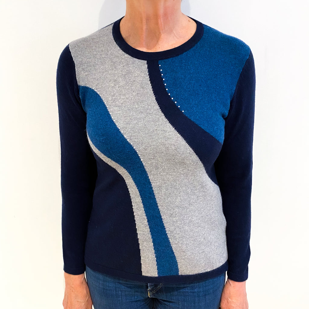 Navy Colour Block Cashmere Crew Neck Jumper Medium