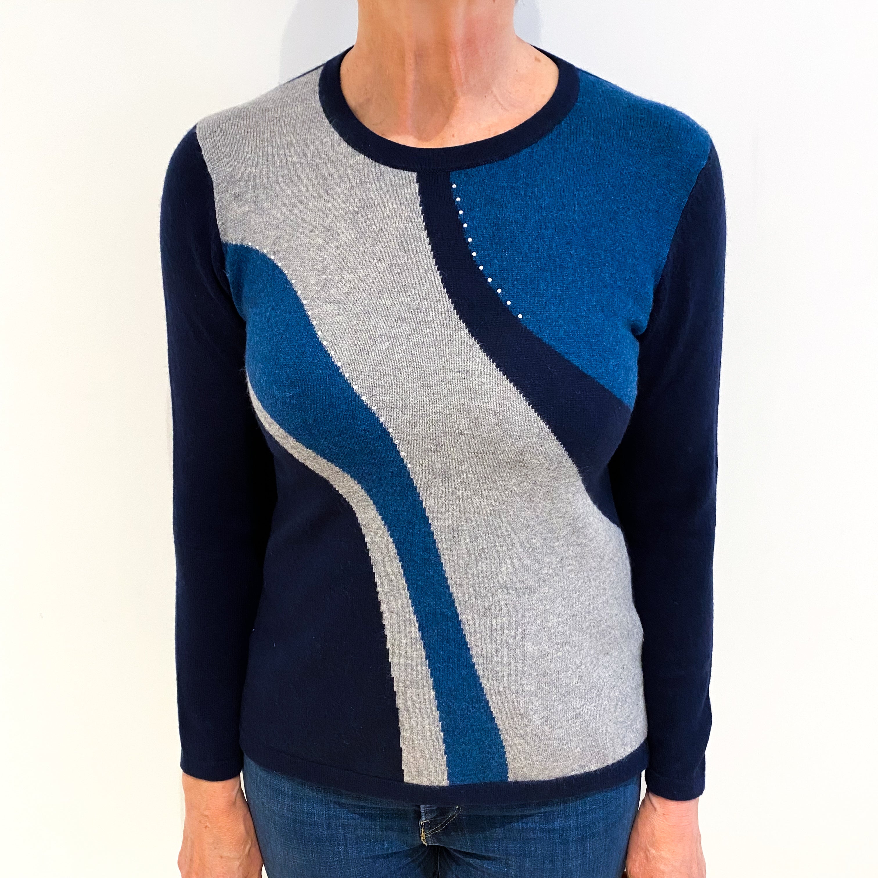Navy Colour Block Cashmere Crew Neck Jumper Medium