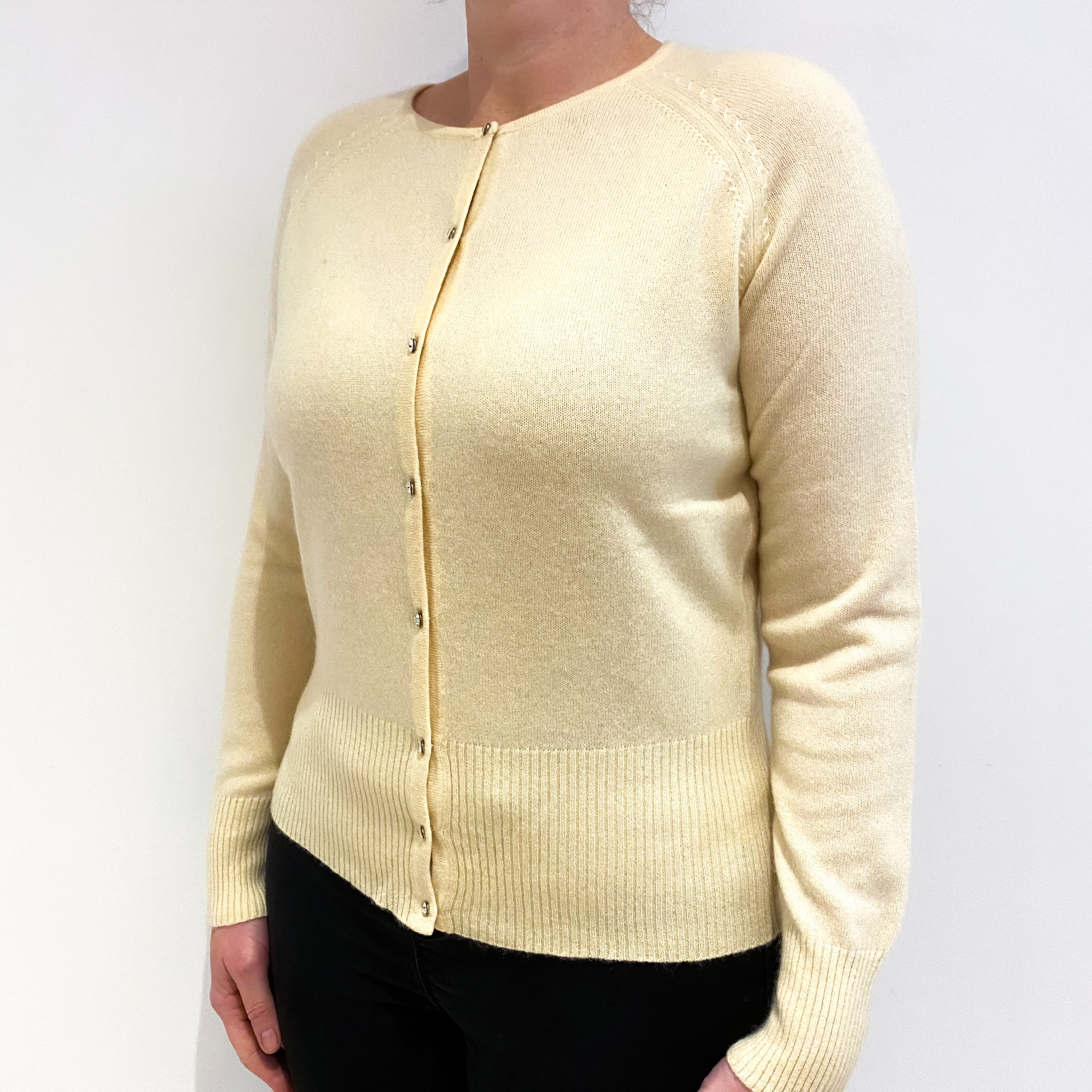 Creamy Yellow Cashmere Crew Neck Cardigan Large