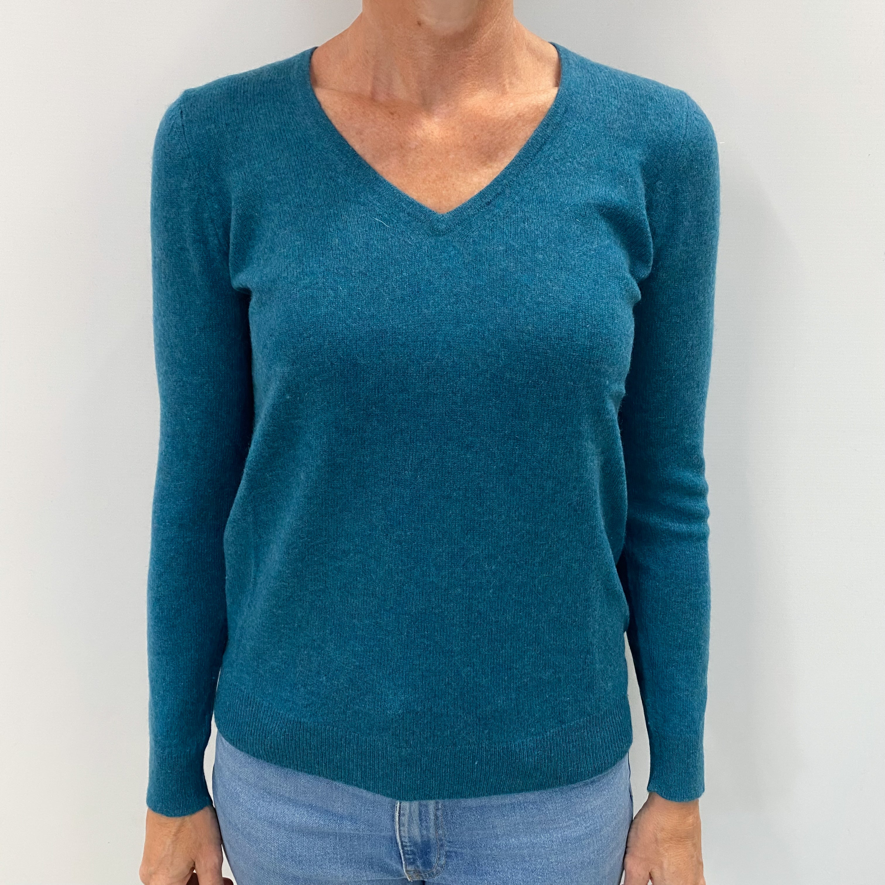 Teal Blue Cashmere V Neck Jumper Small