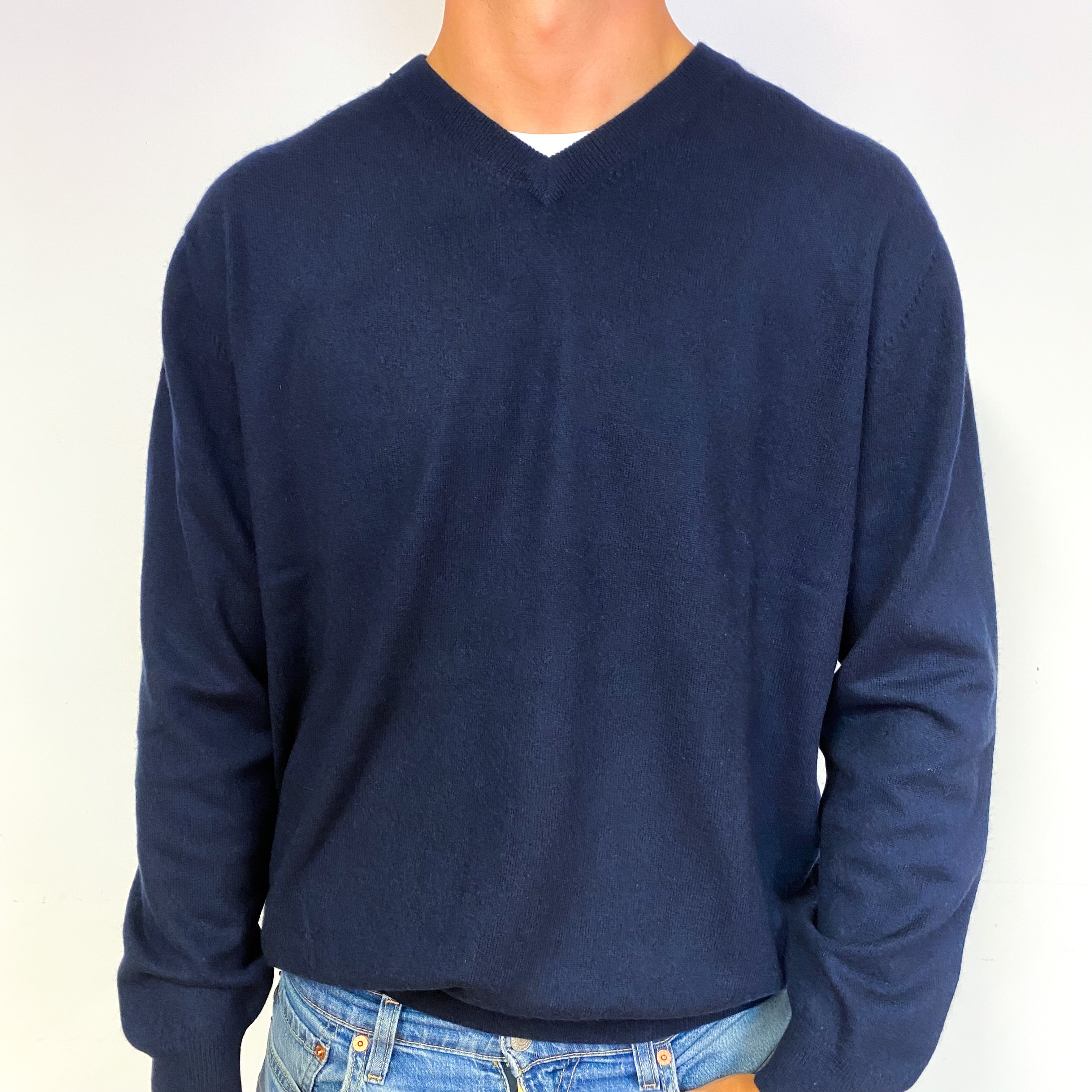 Men's Navy Blue Cashmere V-Neck Jumper Extra Large