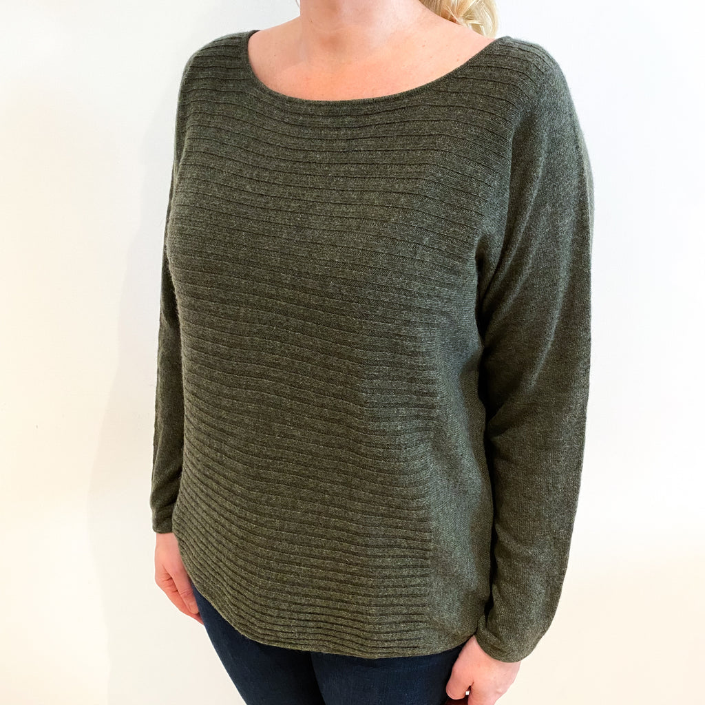 Khaki Green Cashmere Batwing Slash Neck Jumper Large