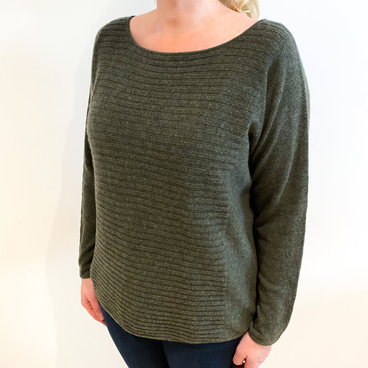Khaki Green Cashmere Batwing Slash Neck Jumper Large