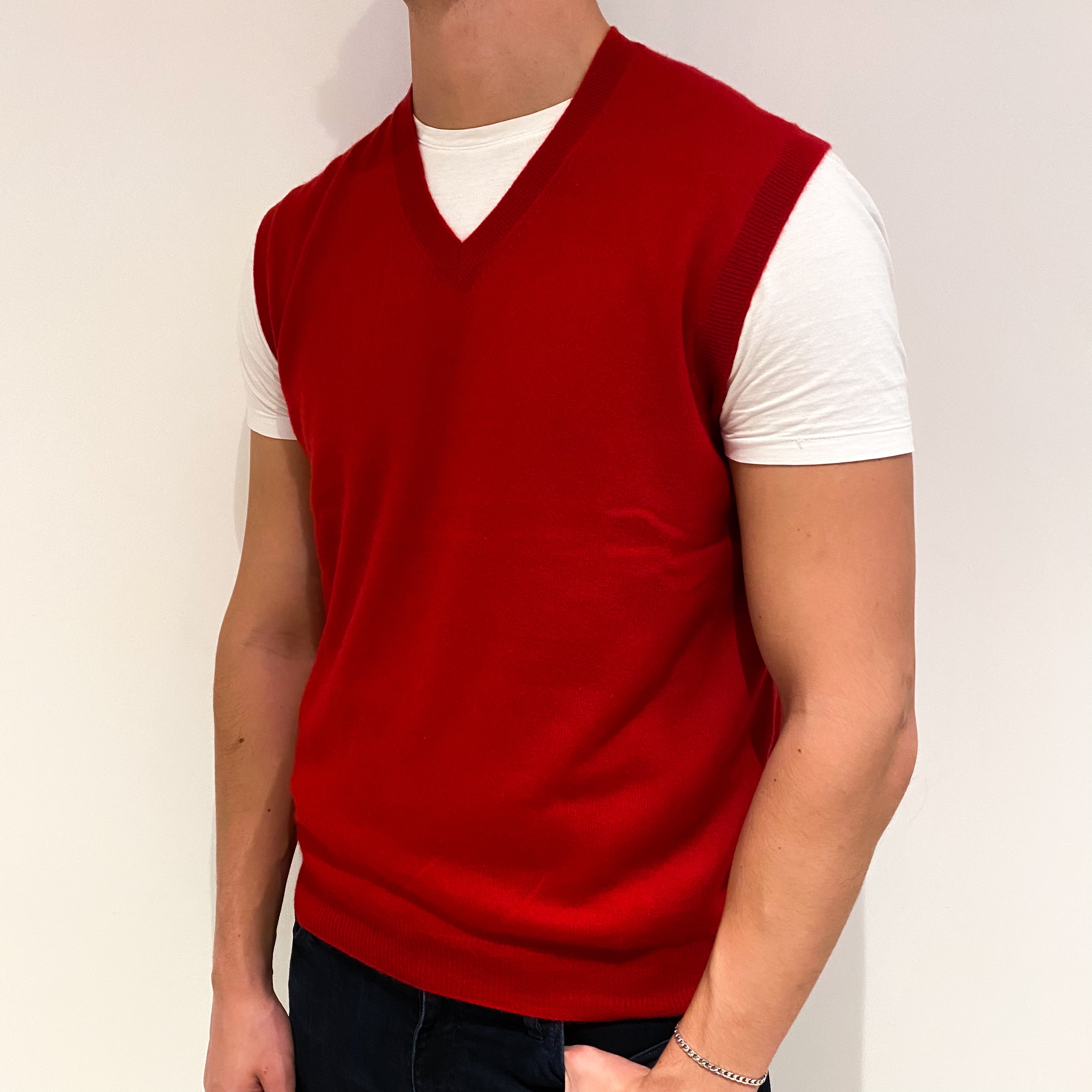 Men's Post Box Red Cashmere V-Neck Tank Top Extra Large