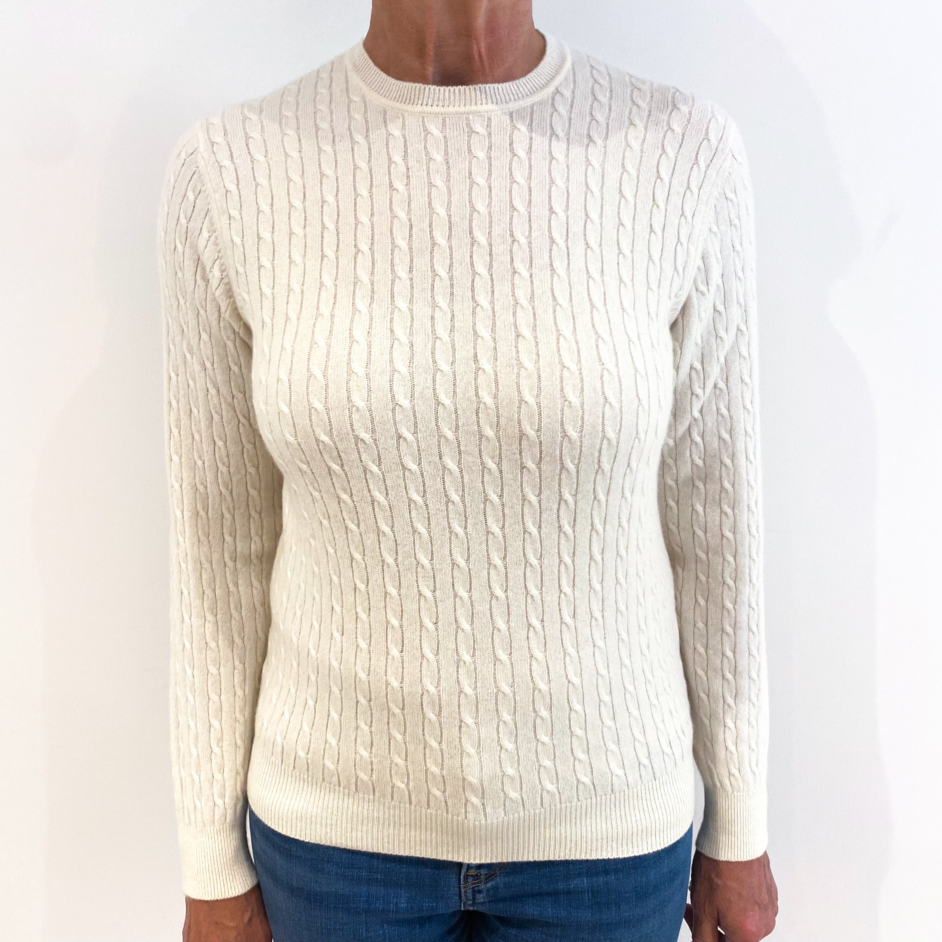 Cream Cable Knit Cashmere Crew Neck Jumper Medium