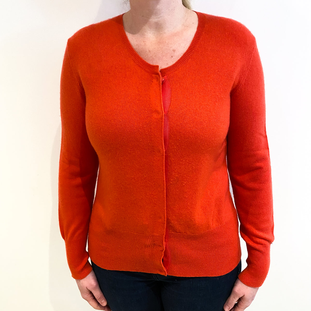 Tangerine Orange Cashmere Crew Neck Cardigan Large