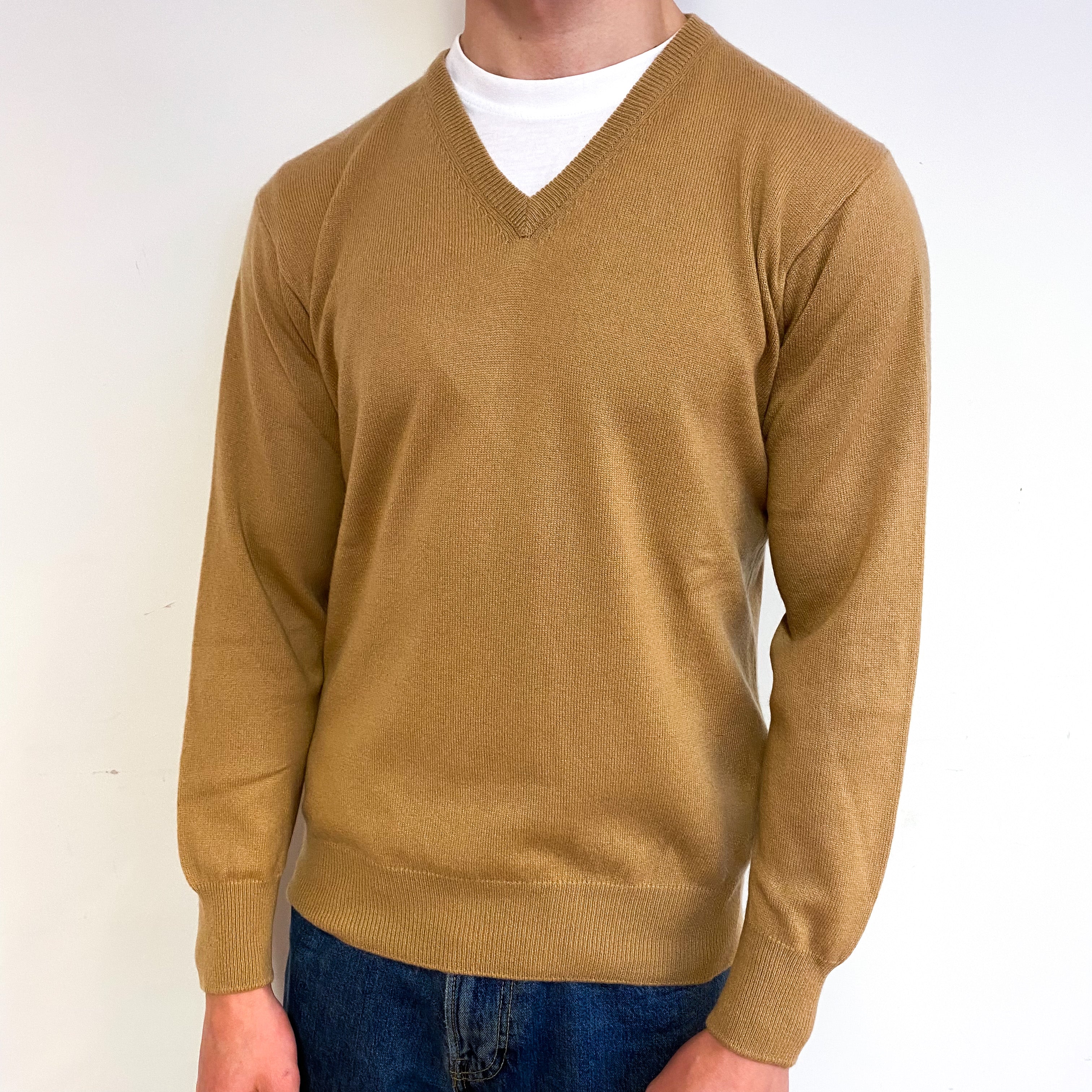 Men's Caramel Brown Cashmere V-Neck Jumper Small