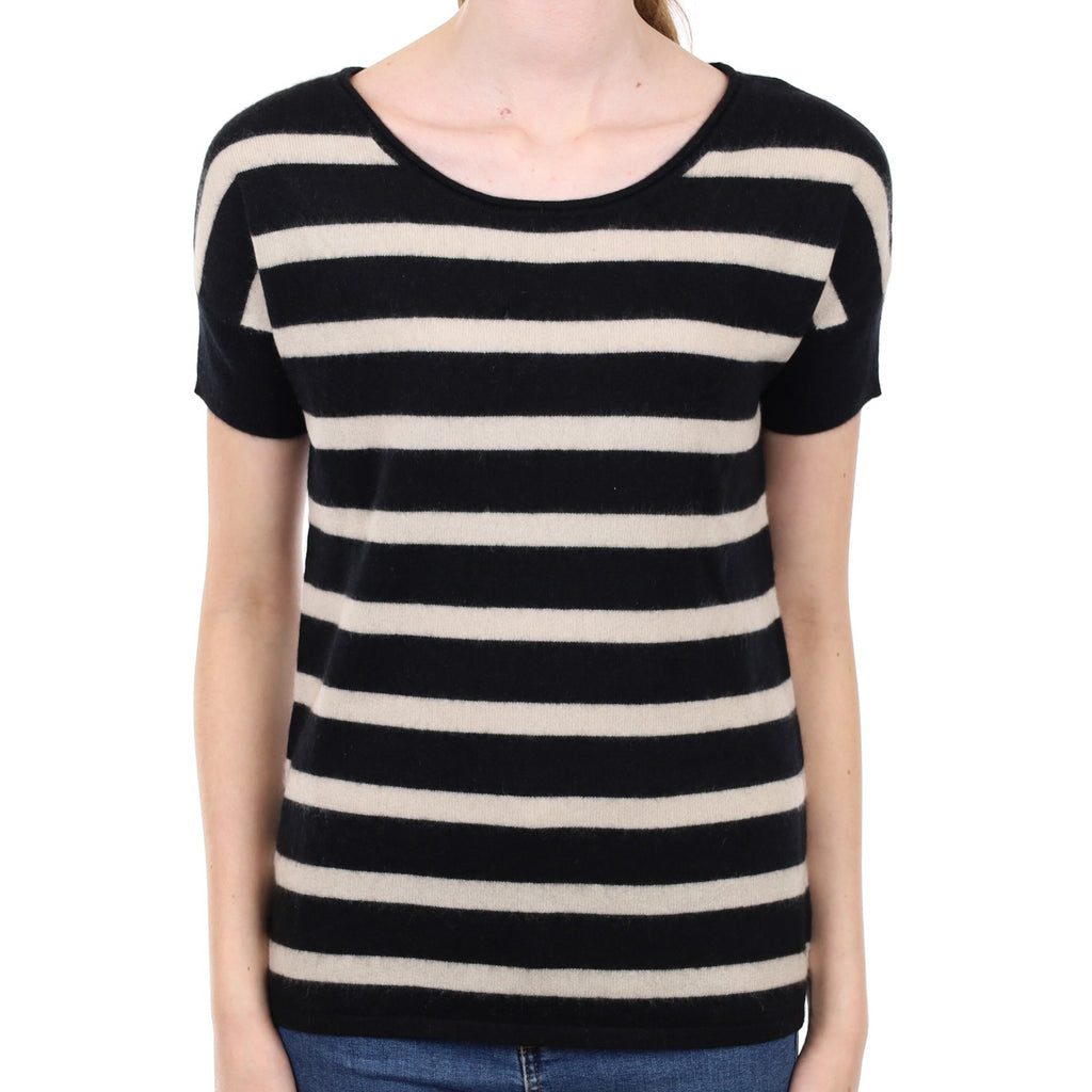 Black and Cream Striped Cashmere Crew Neck Short Sleeved Jumper Extra Small
