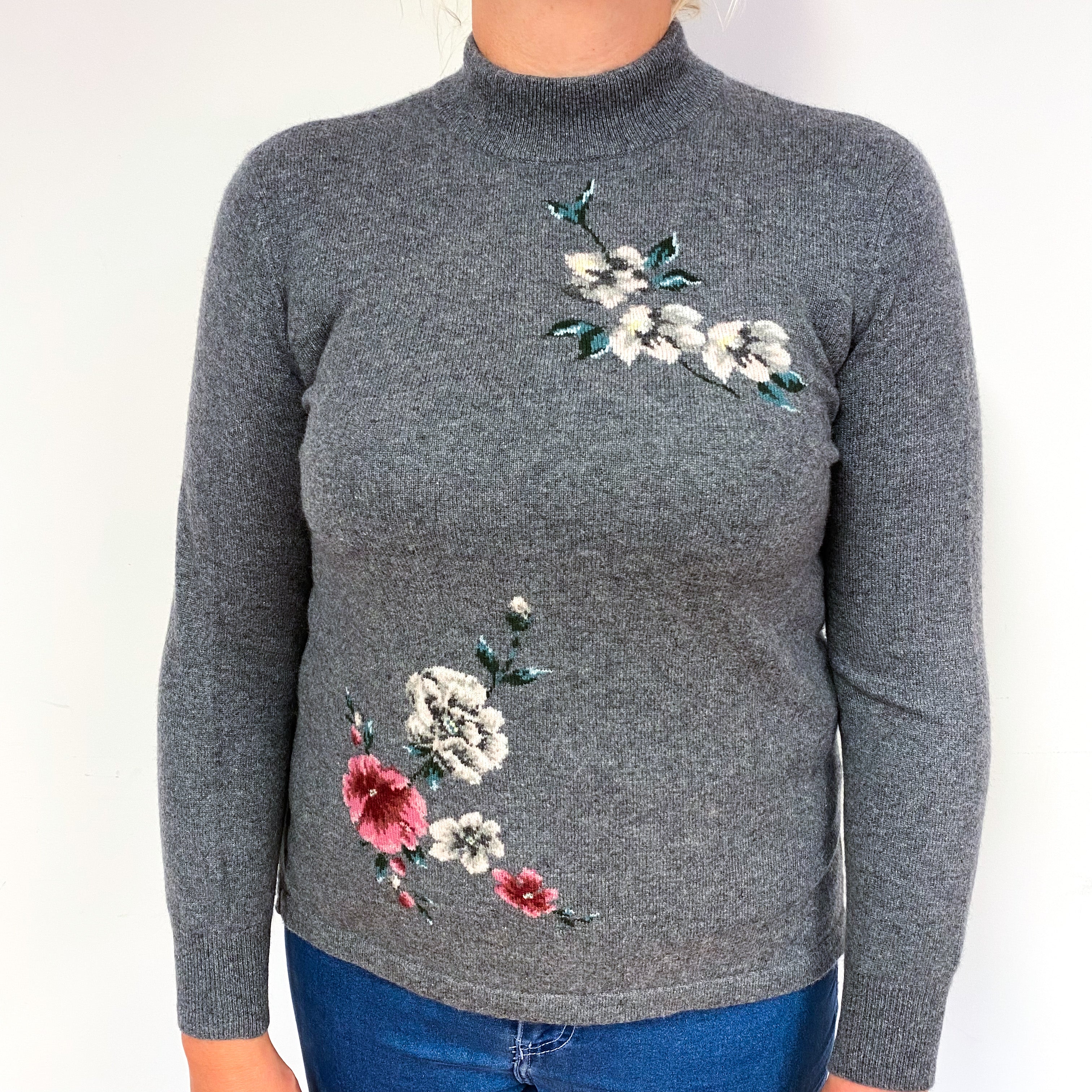 Vintage Grey Floral Cashmere Turtle Neck Jumper Large