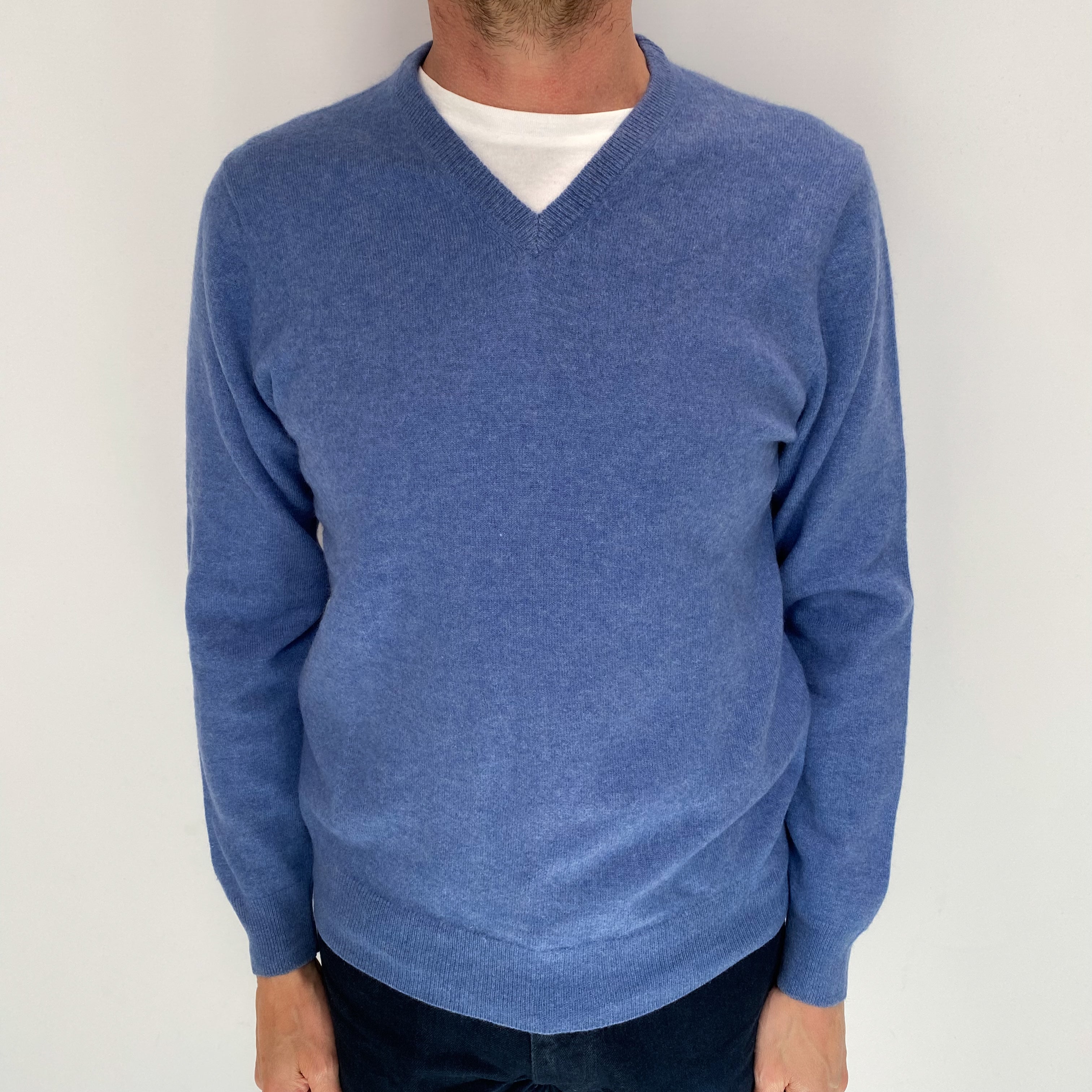 Men's Denim Blue Cashmere V Neck Jumper Small