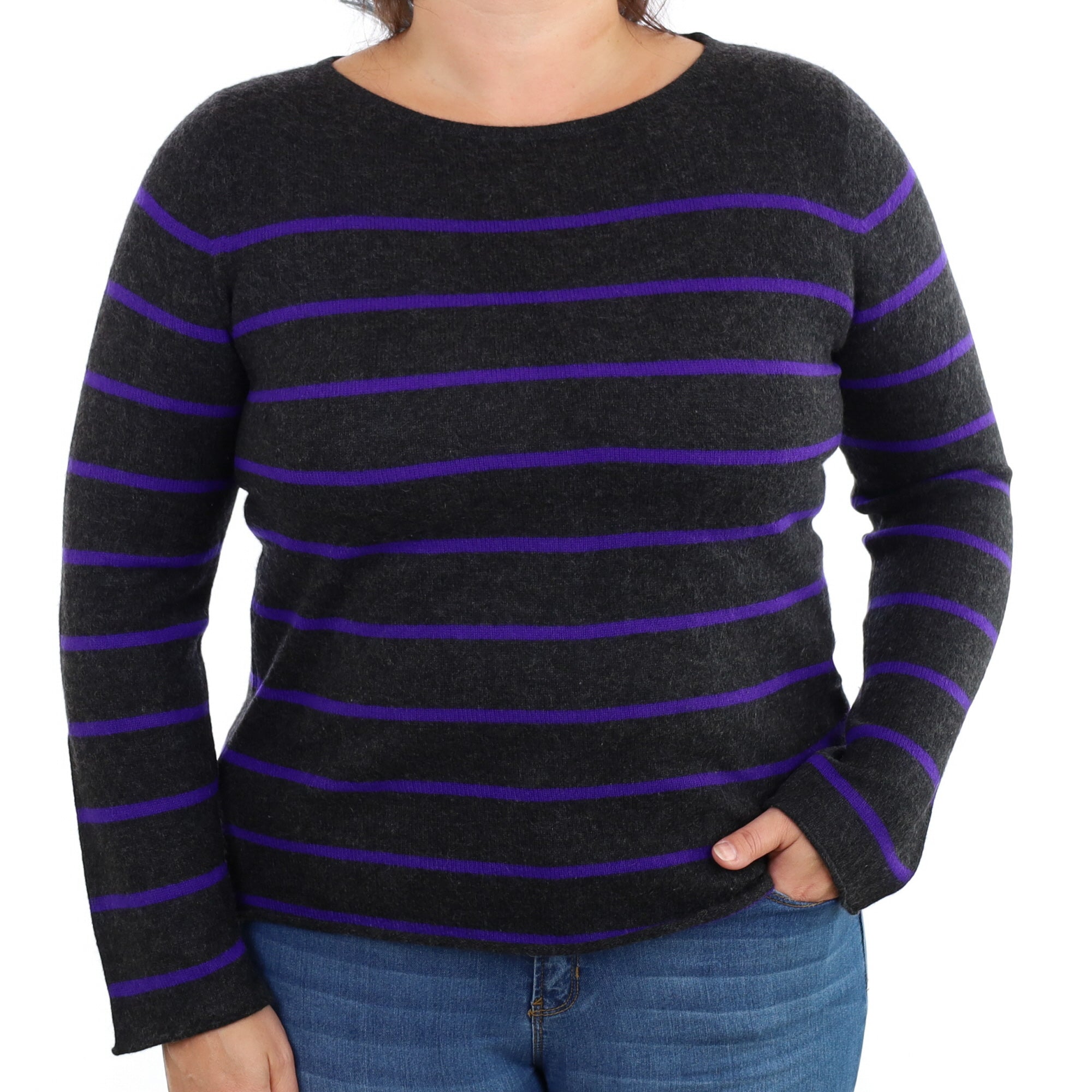 Charcoal Grey Striped Cashmere Crew Neck Jumper Large
