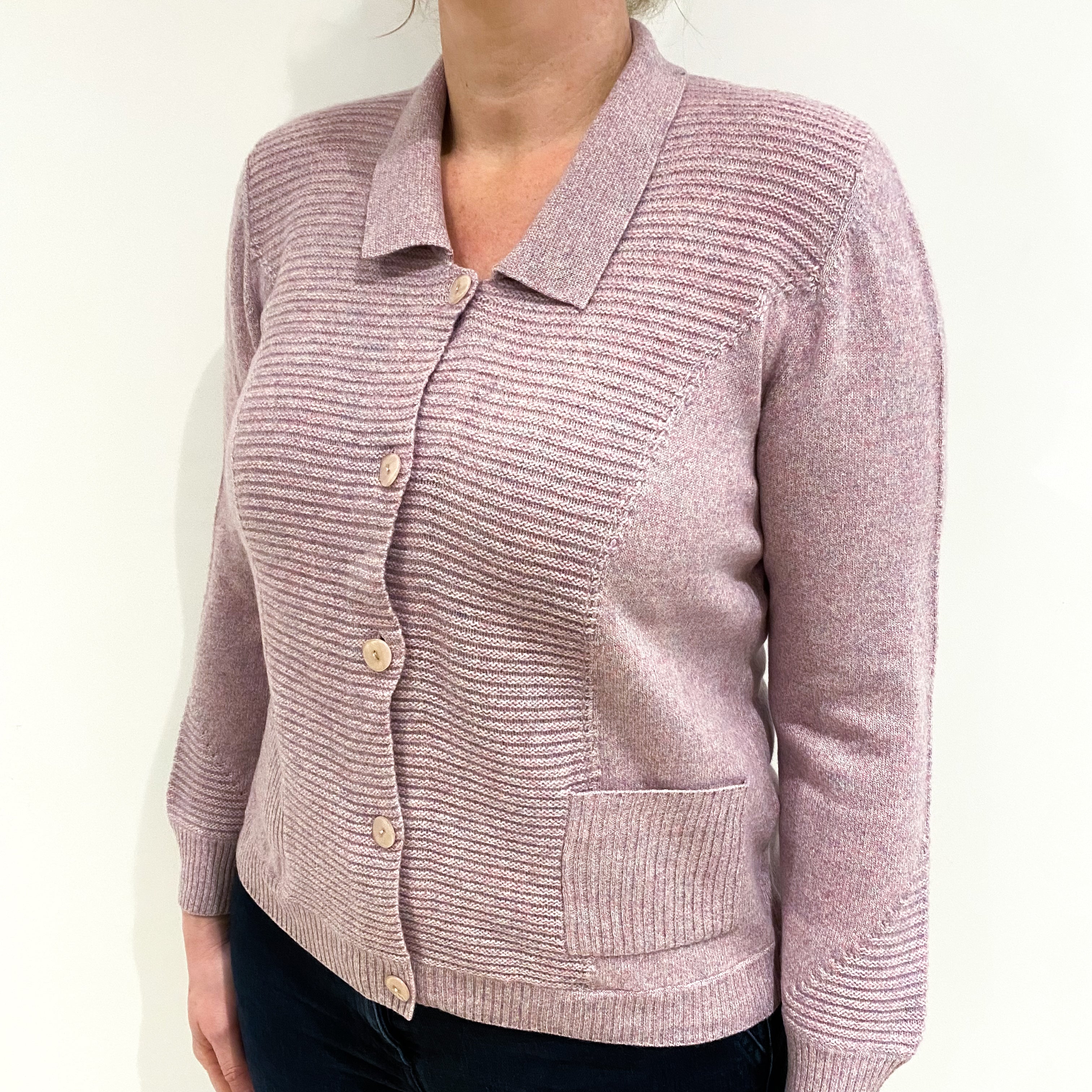 Pale Heather Marl Cashmere Crew Neck Collared Cardigan Large