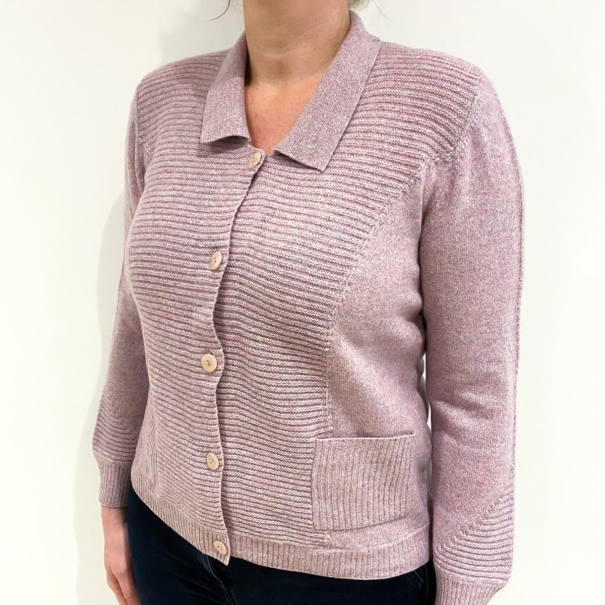 Pale Heather Marl Cashmere Crew Neck Collared Cardigan Large